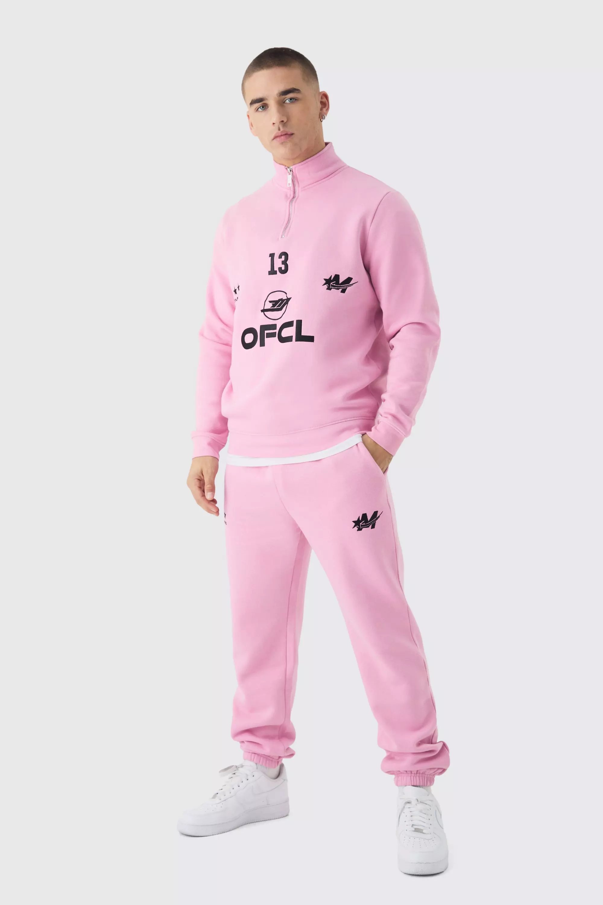 Regular Fit OFCL Embroidered Funnel Neck Tracksuit Pink