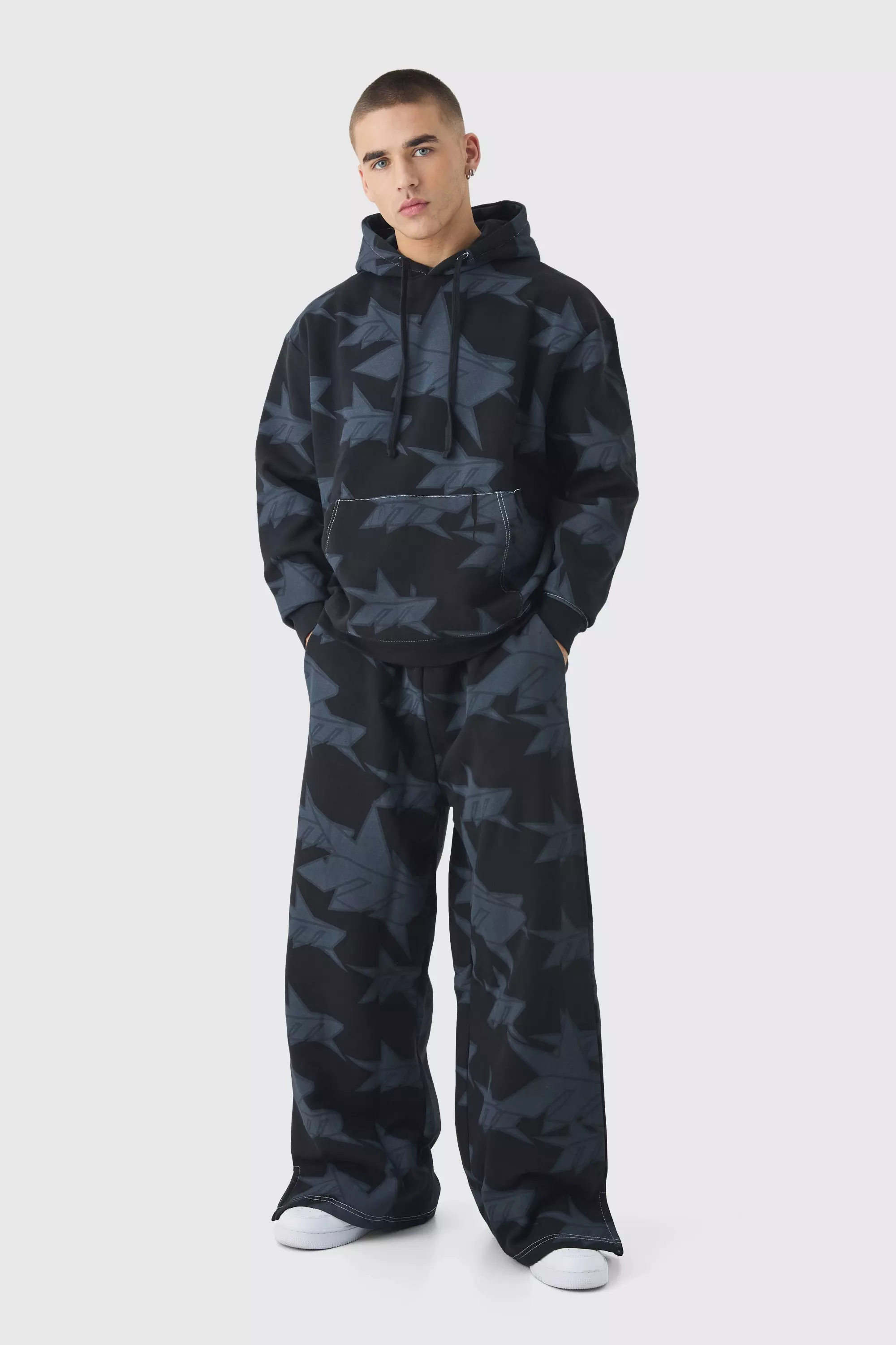Oversized All Over Star Print Hooded Tracksuit boohooMAN