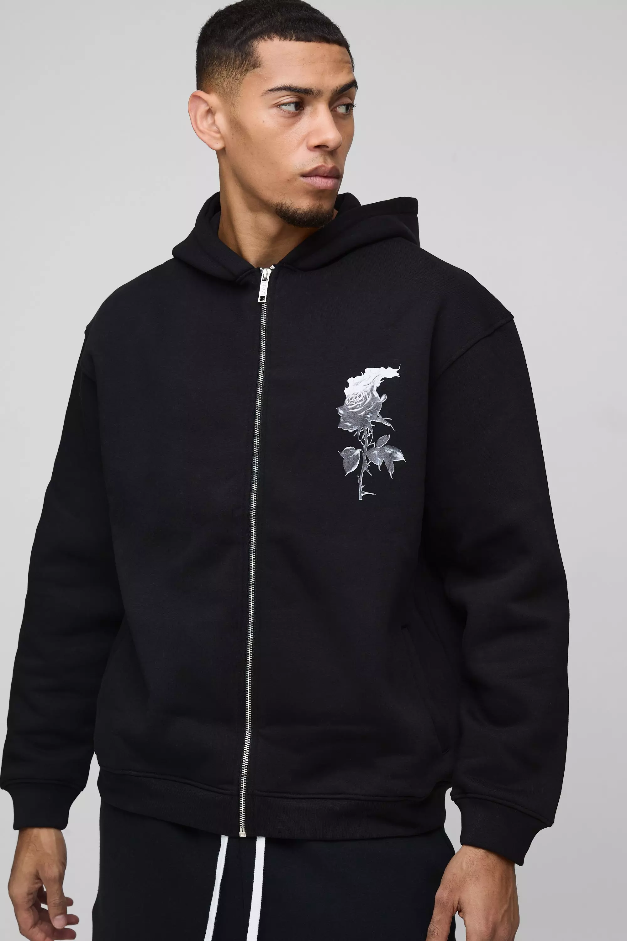 Oversized Zip Through Monochrome Floral Print Hoodie boohooMAN