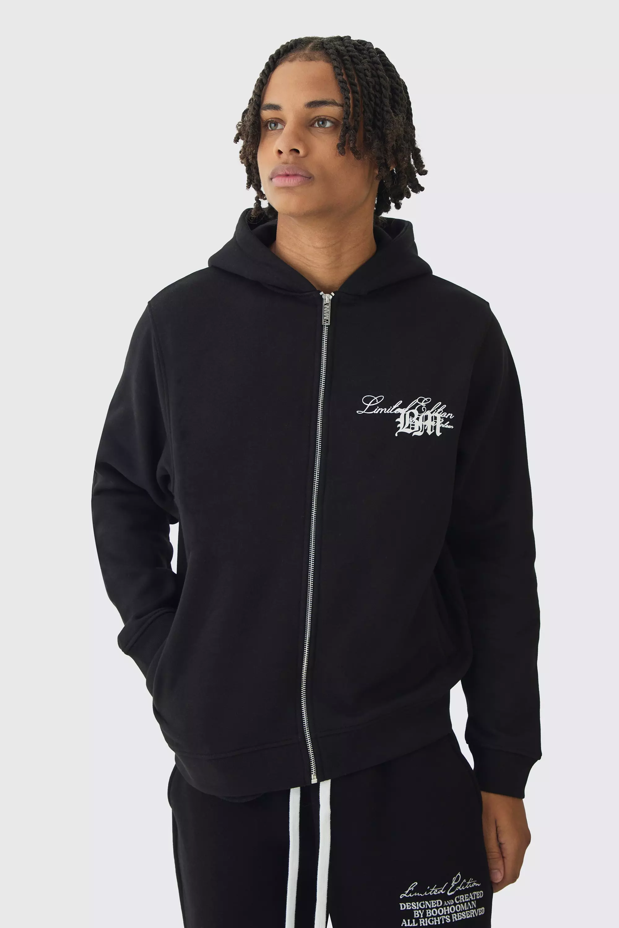 Black BM Zip Through Print Hoodie