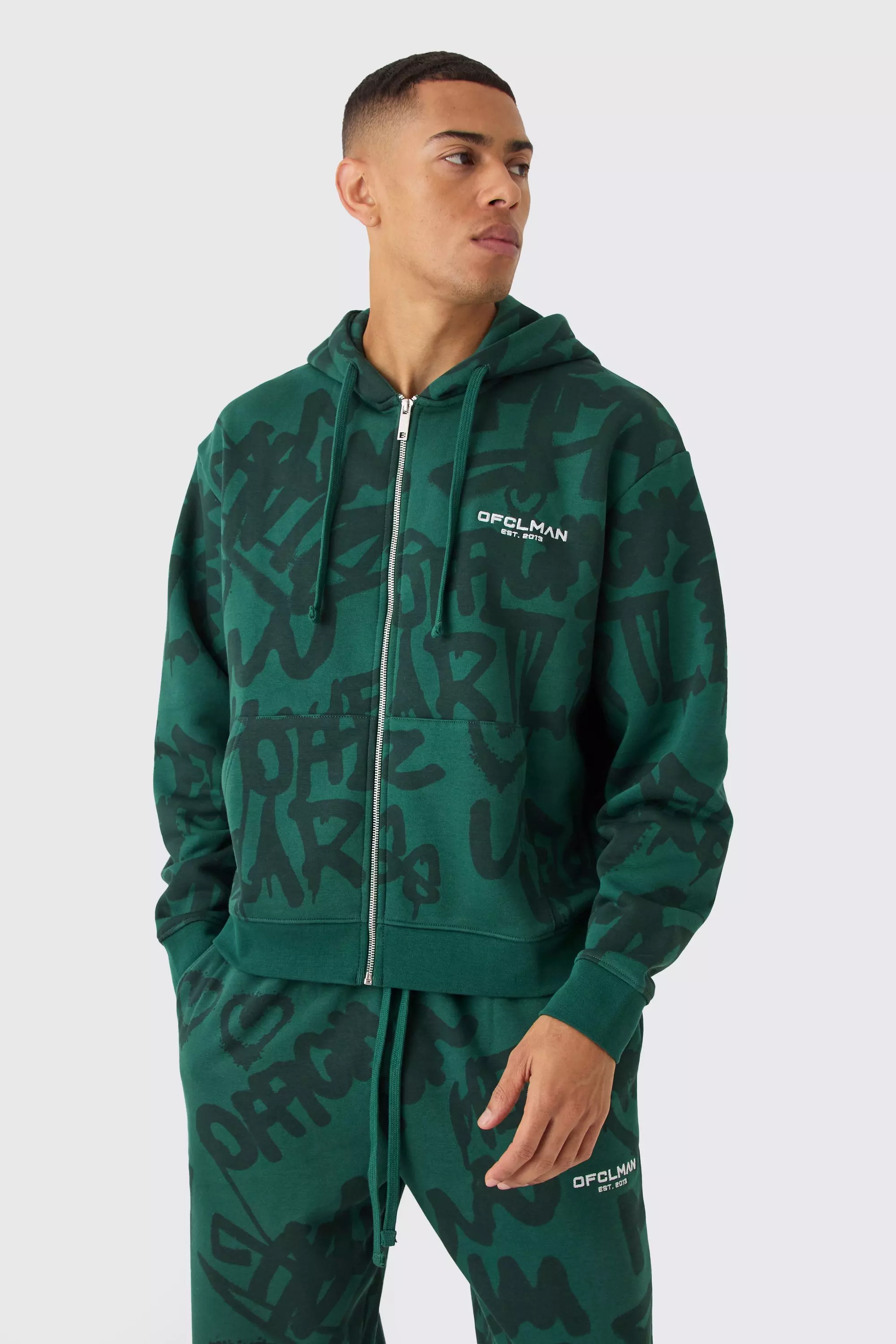 Green Oversized Boxy All Over Graffiti Printed Zip Through Hoodie