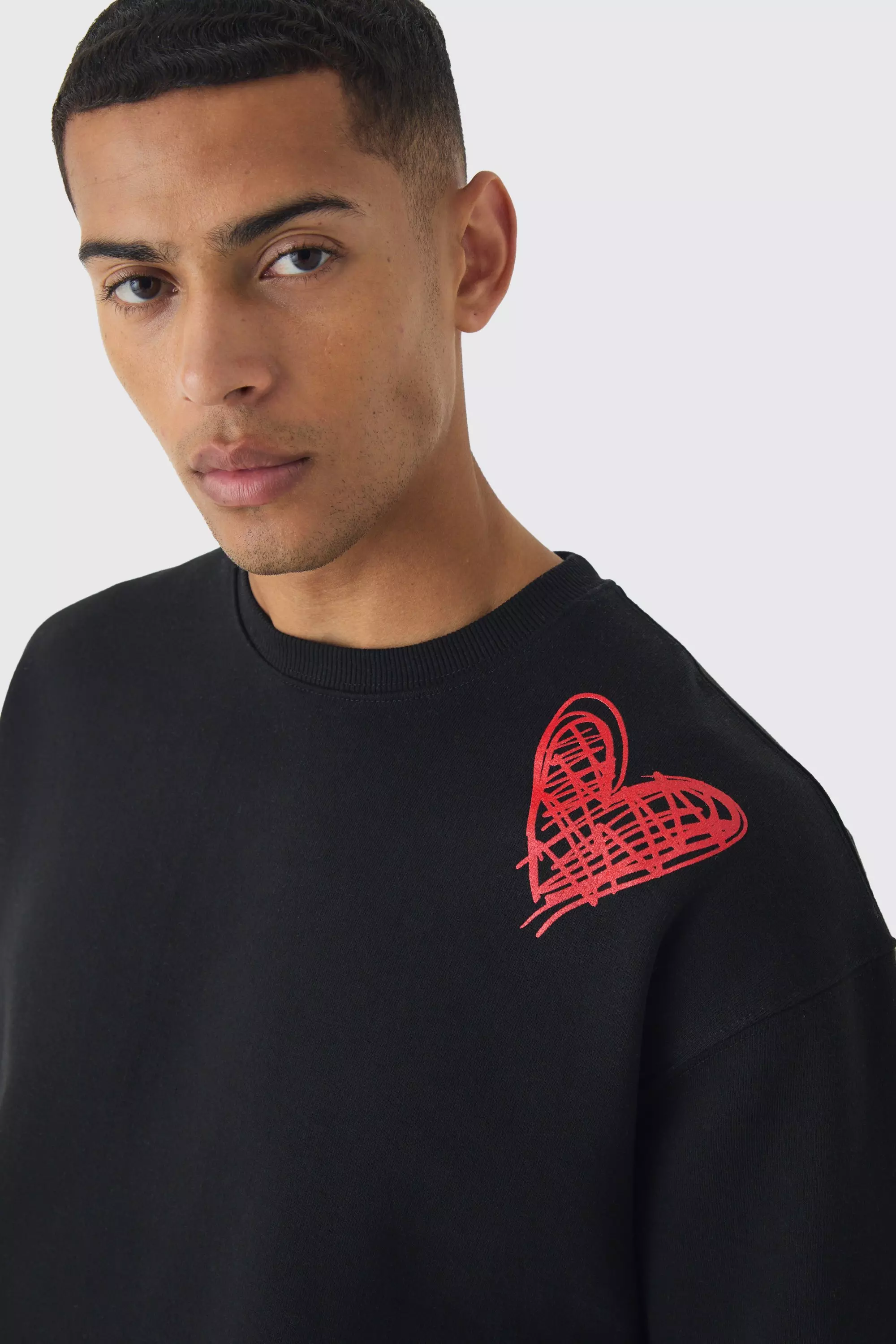 Oversized Graffiti Heart Print Sweatshirt boohooMAN UK
