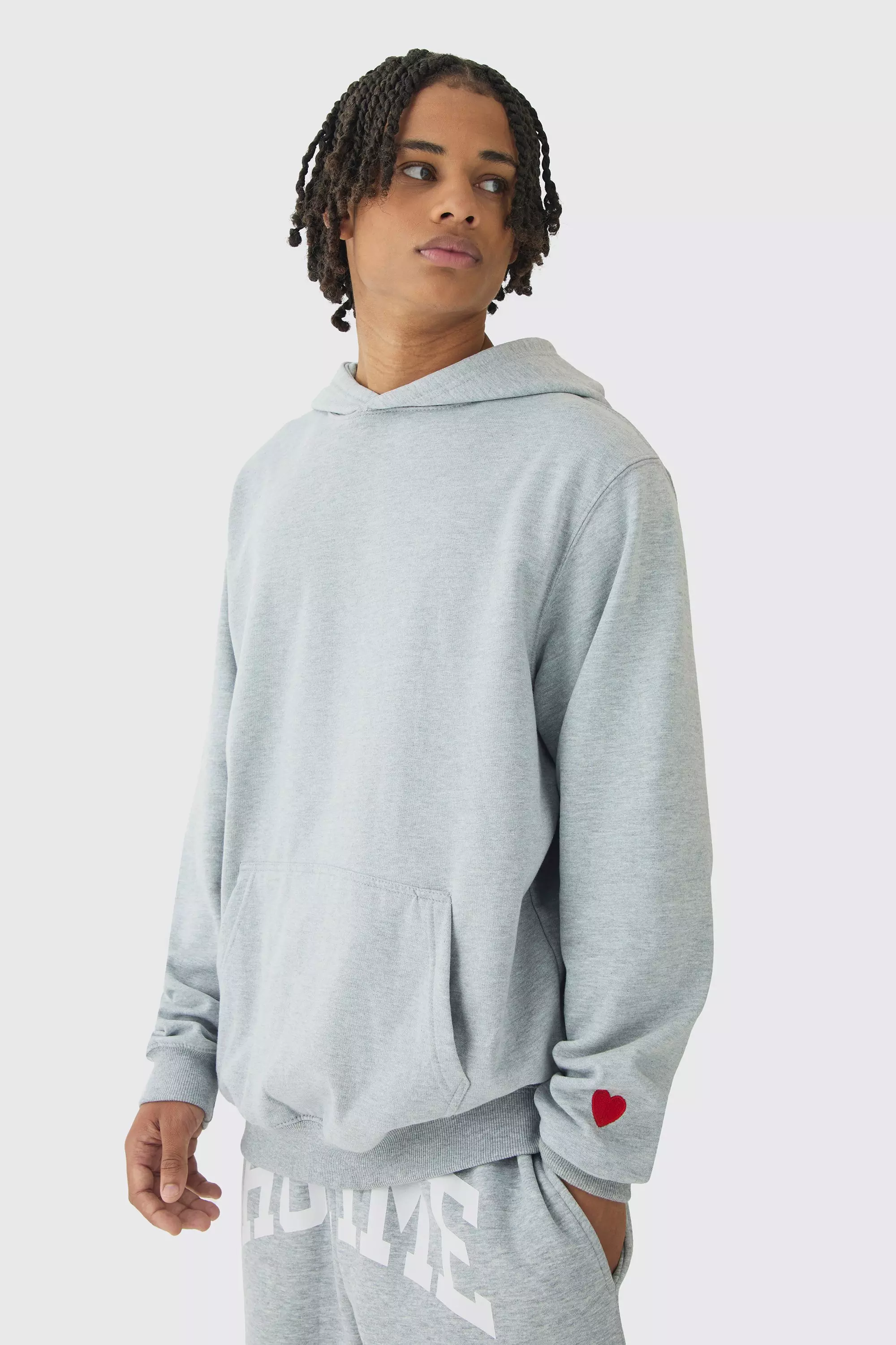 Regular Fit Heart Embroidered Hoodie Grey marl