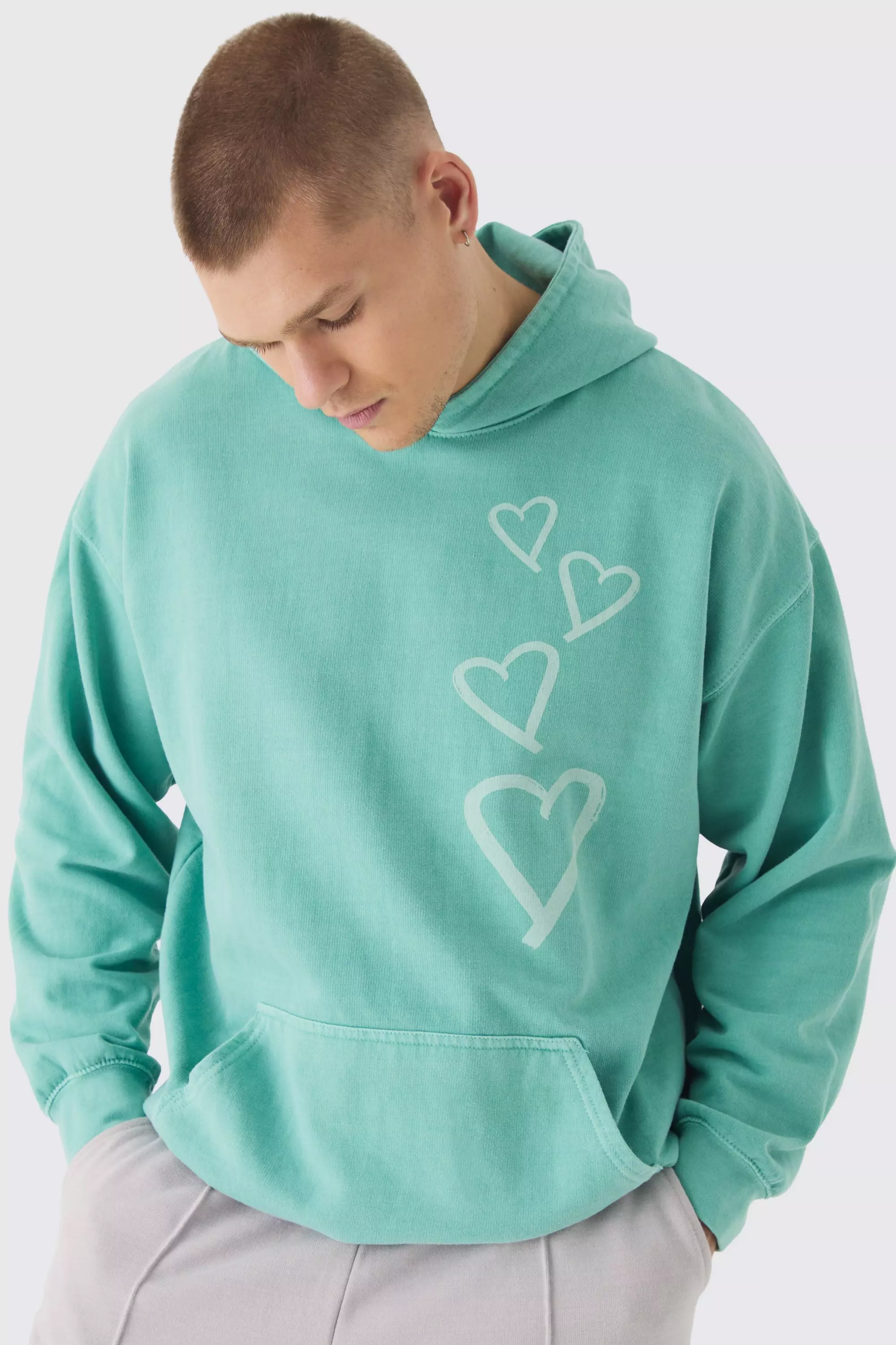 Green Oversized Washed Graffiti Heart Hoodie