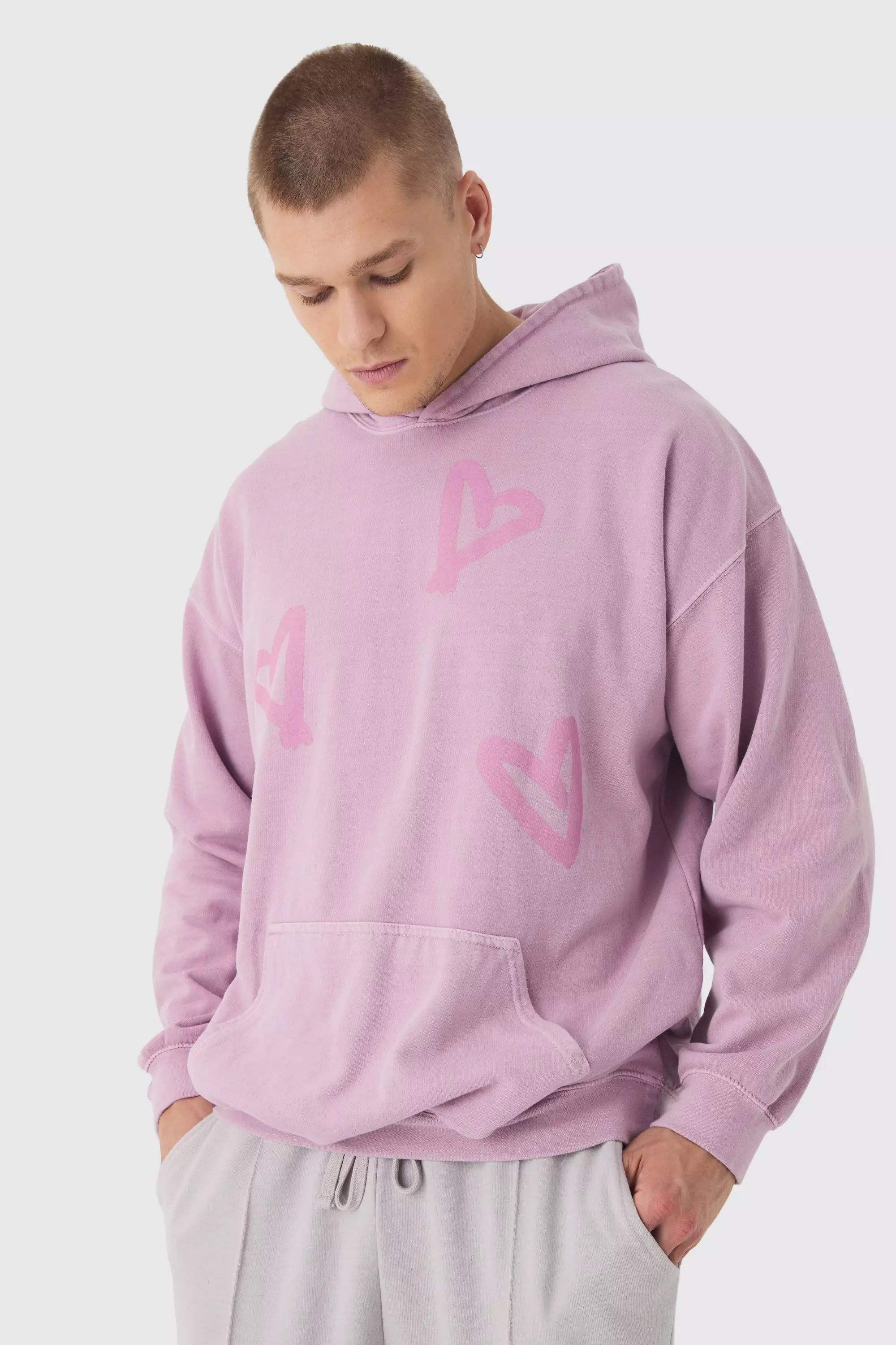 Oversized Washed Graffiti Heart Hoodie boohooMAN UK