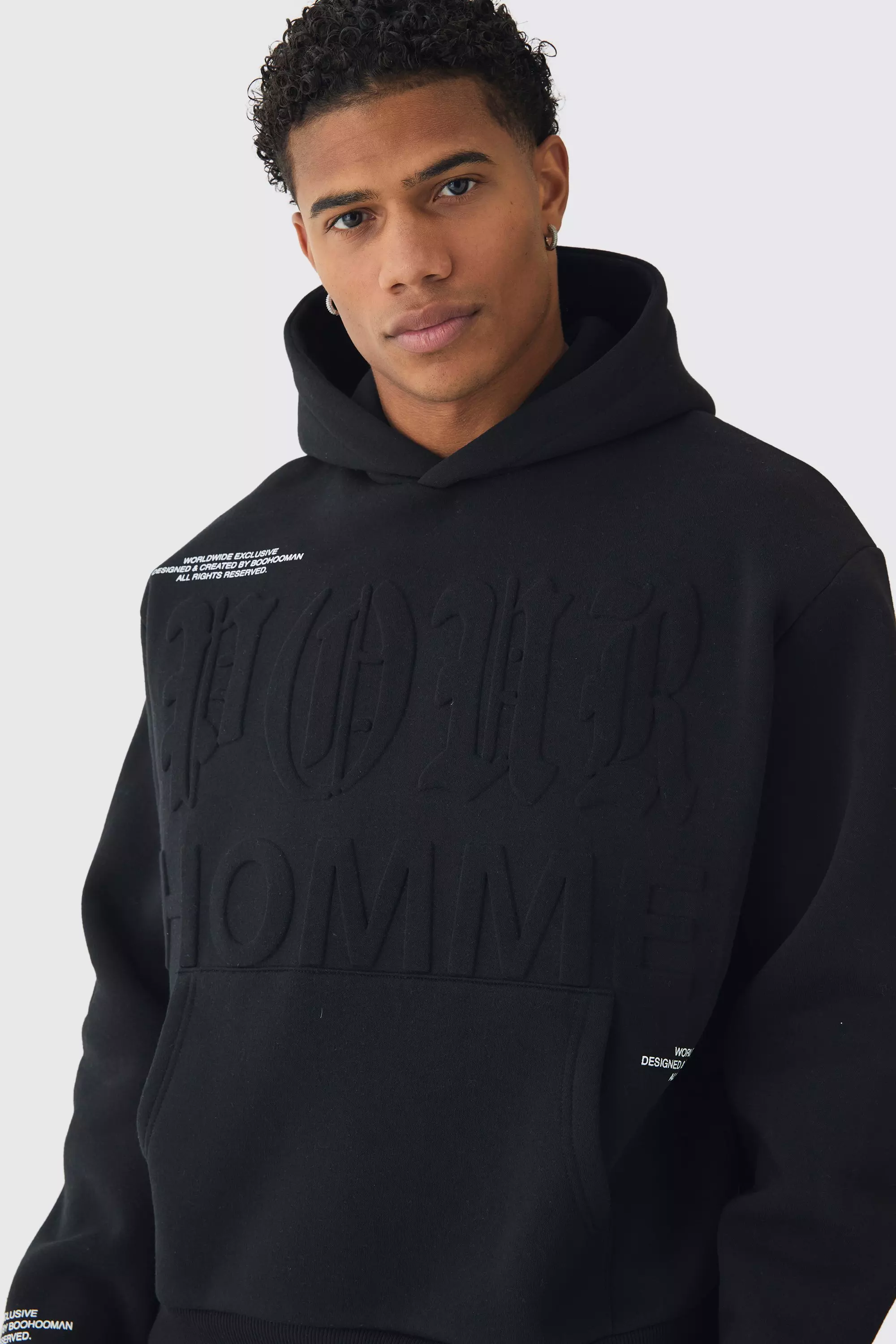 Black Oversized Boxy Homme Printed Embossed Hoodie alternative image