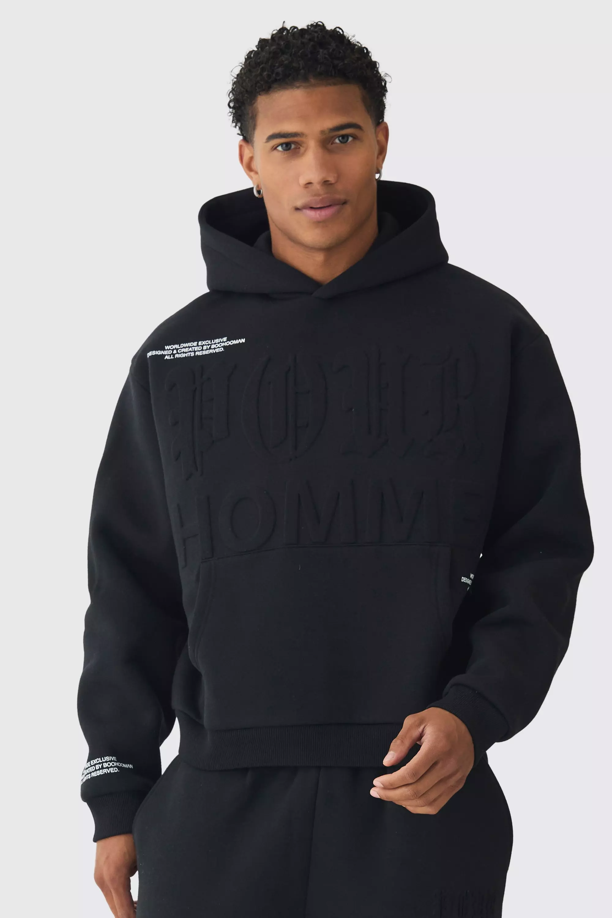 Black Oversized Boxy Homme Printed Embossed Hoodie alternative image