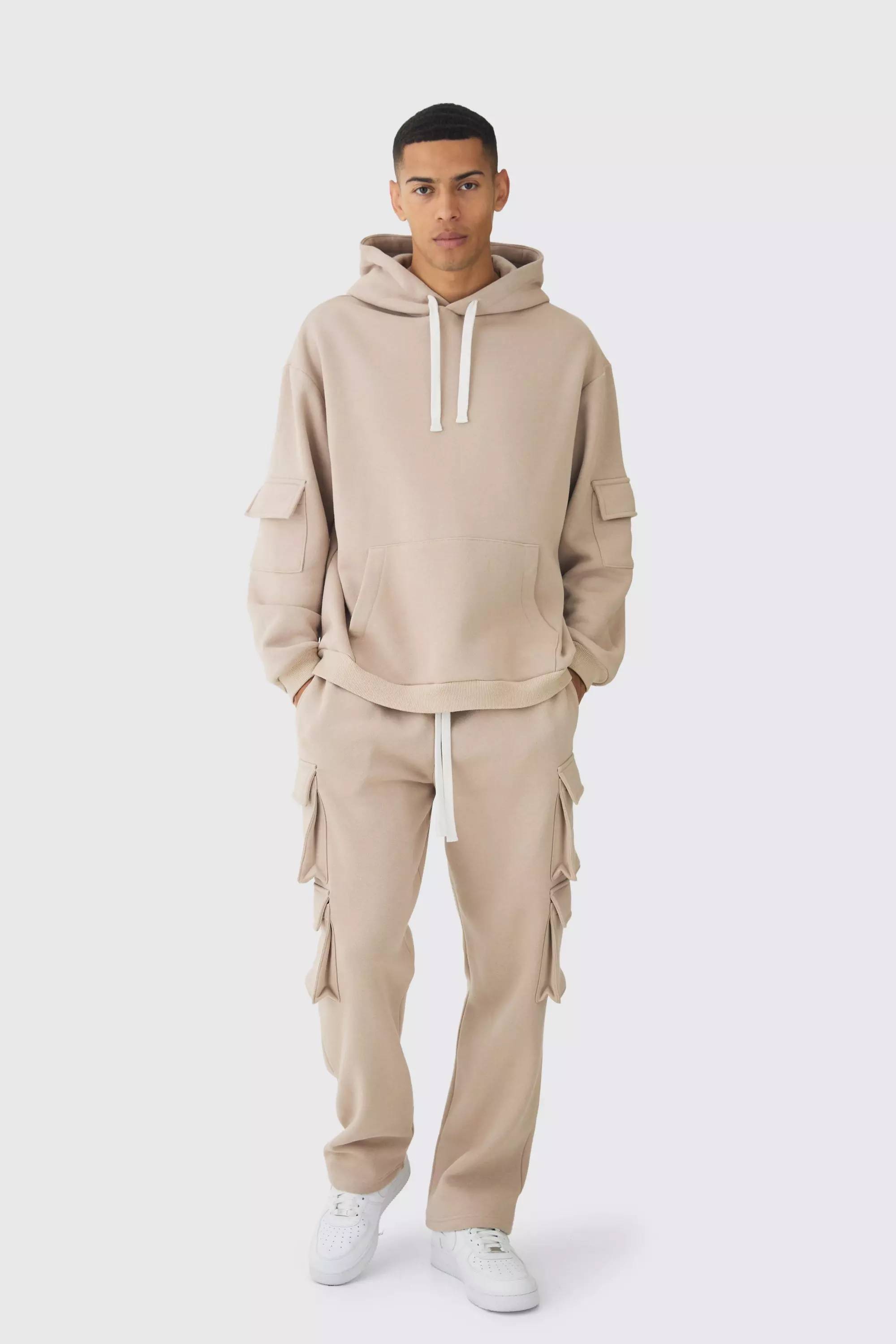 Taupe Beige Oversized Cargo Extended Drawcord Tracksuit