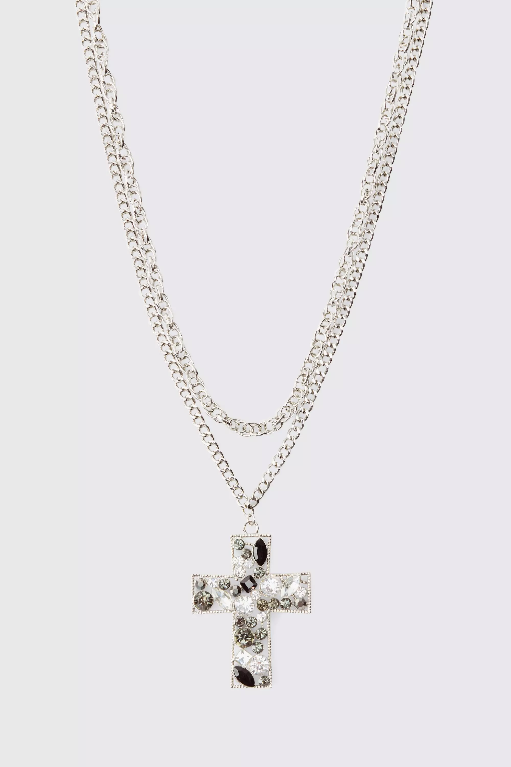 Silver Gem Stone Cross Pendant Necklace alternative image