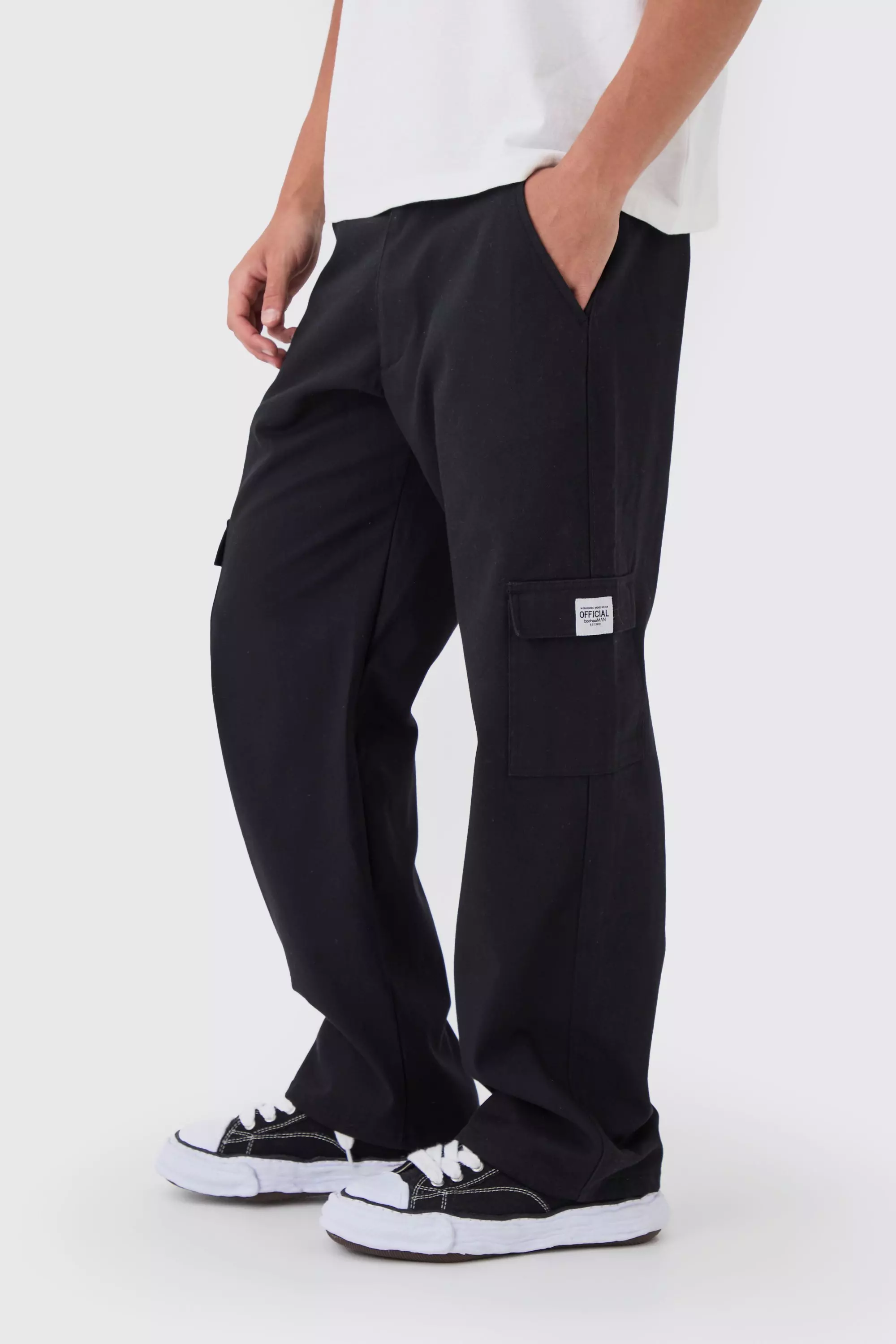 Black Relaxed Fit Fixed Waist Woven Tab Cargo Pants