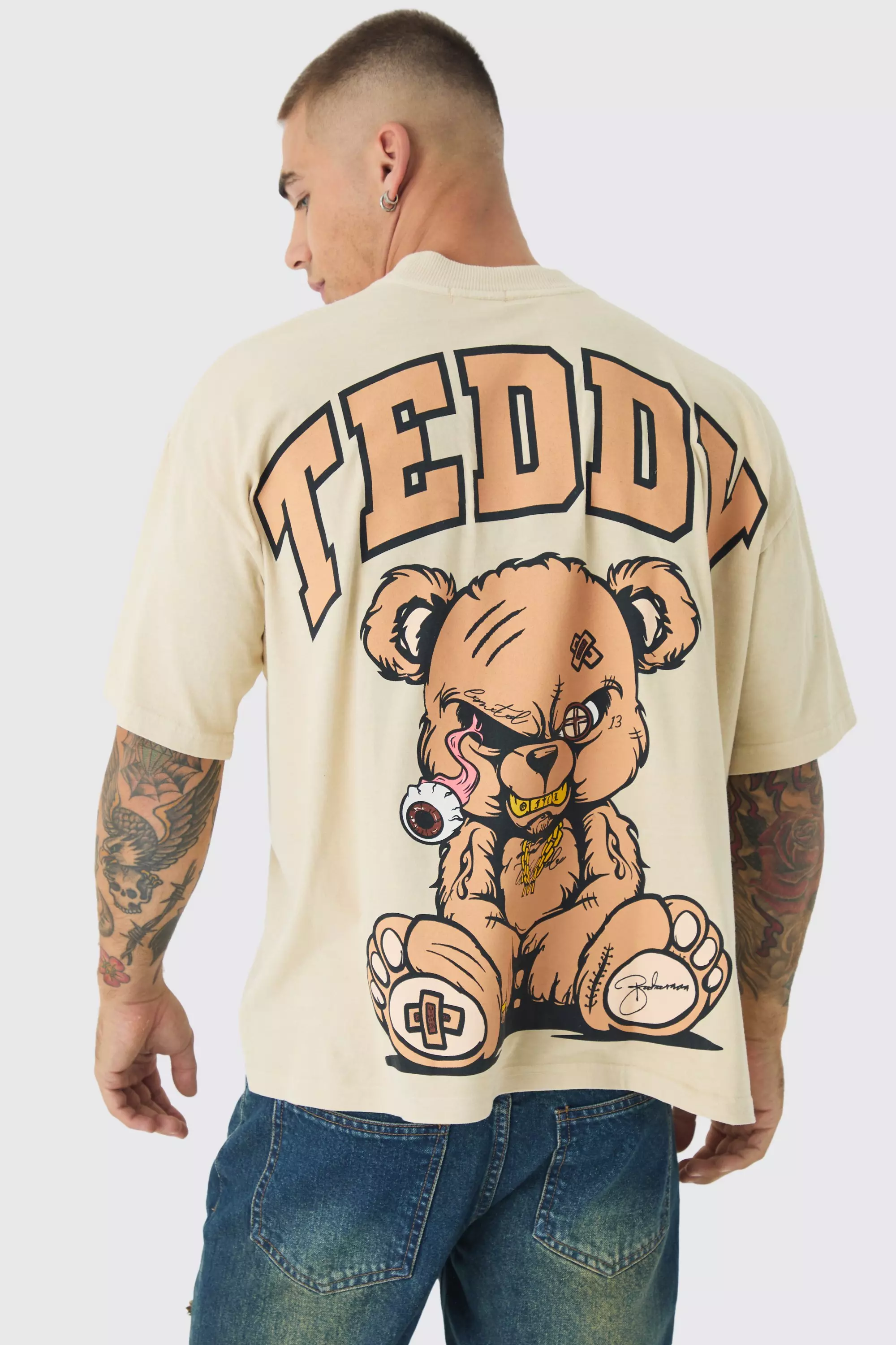 Taupe Beige Oversized Extended Neck Large Scale Evil Teddy Print T-Shirt