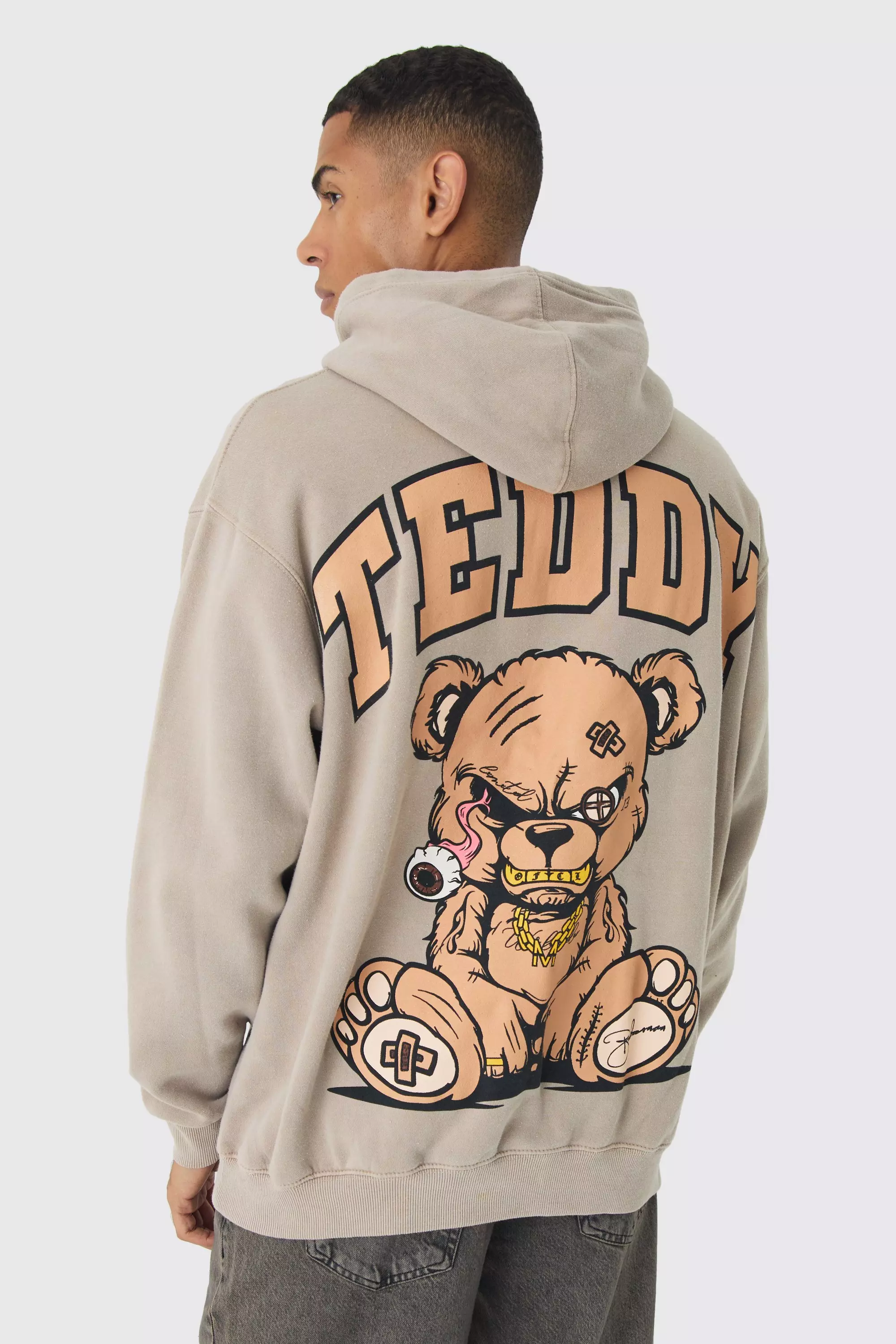 Oversized Evil Teddy Large Scale Print Hoodie Taupe