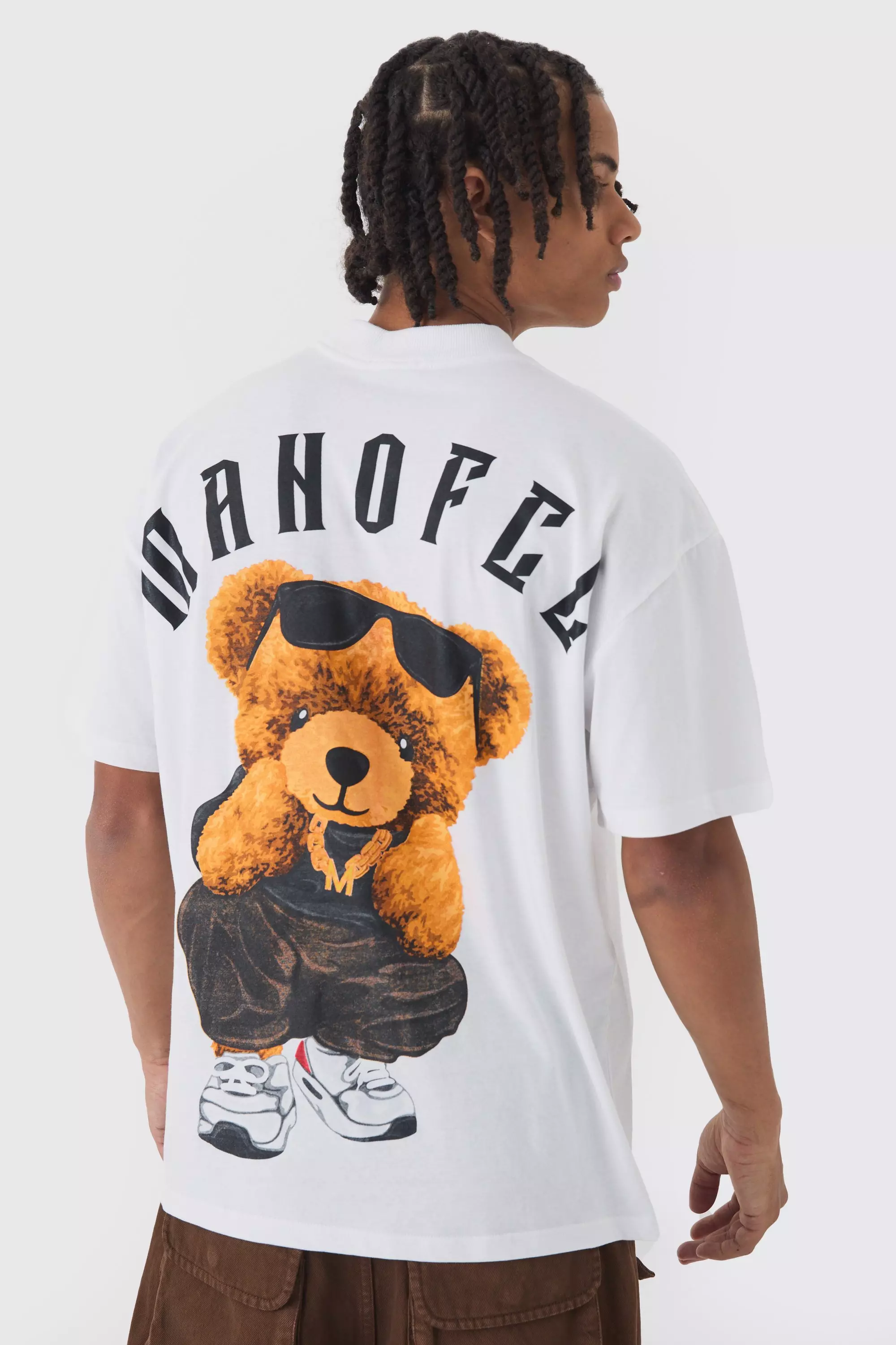 Oversized Extended Neck Large Scale MAN OFCL Teddy Print T-Shirt White