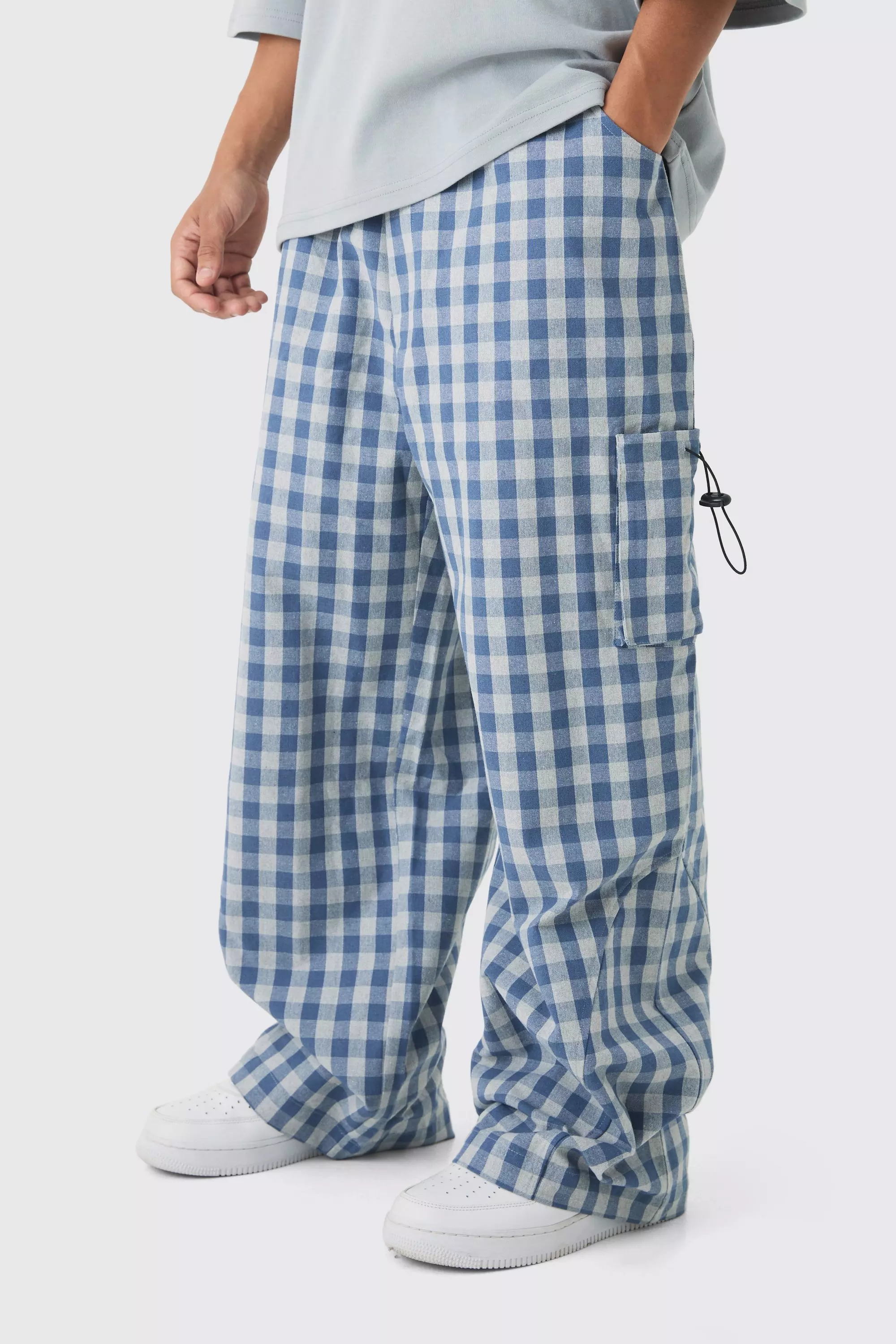 Blue Woven Check Parachute Cargo Trousers alternative image