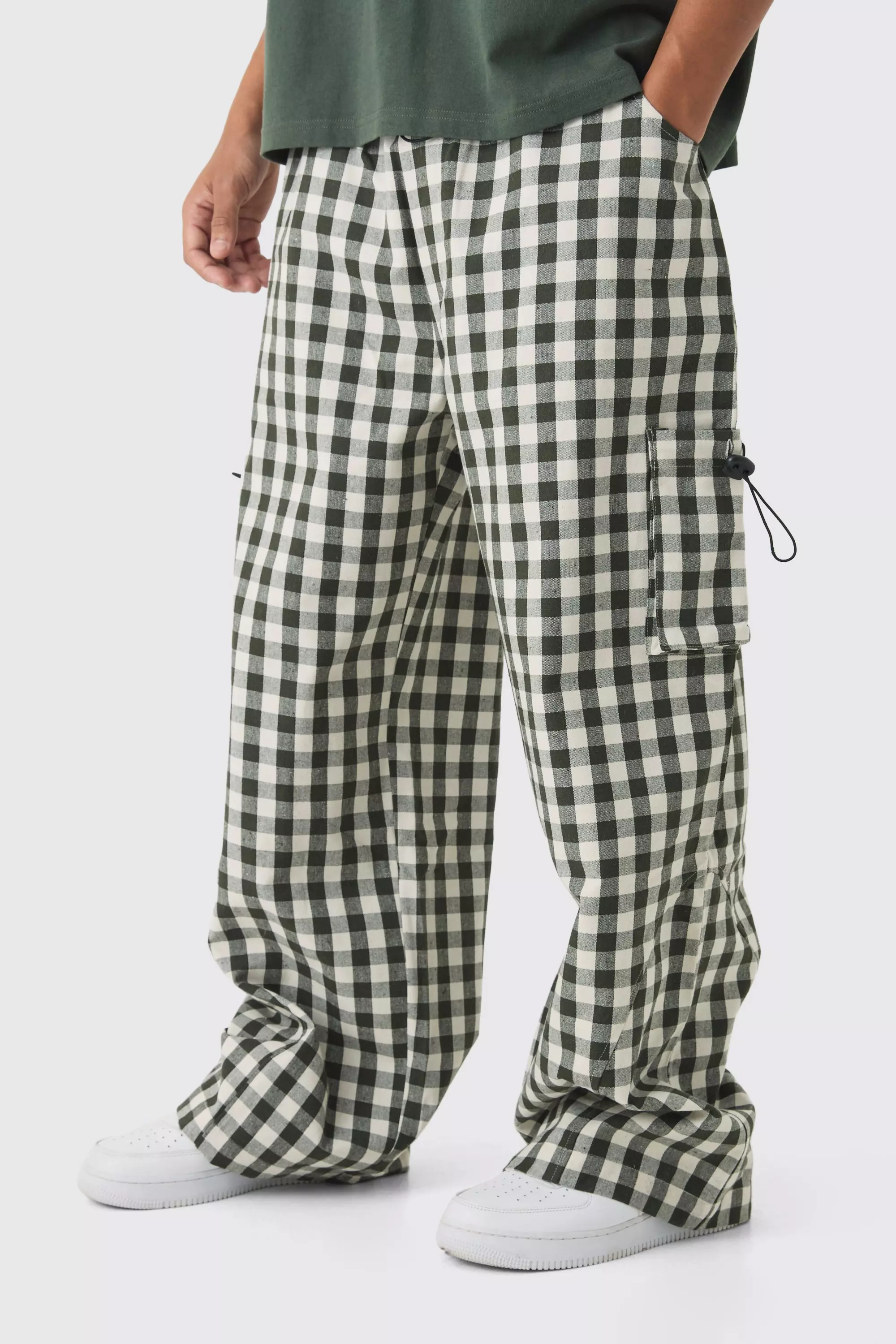 Khaki Woven Plaid Parachute Cargo Pants alternative image