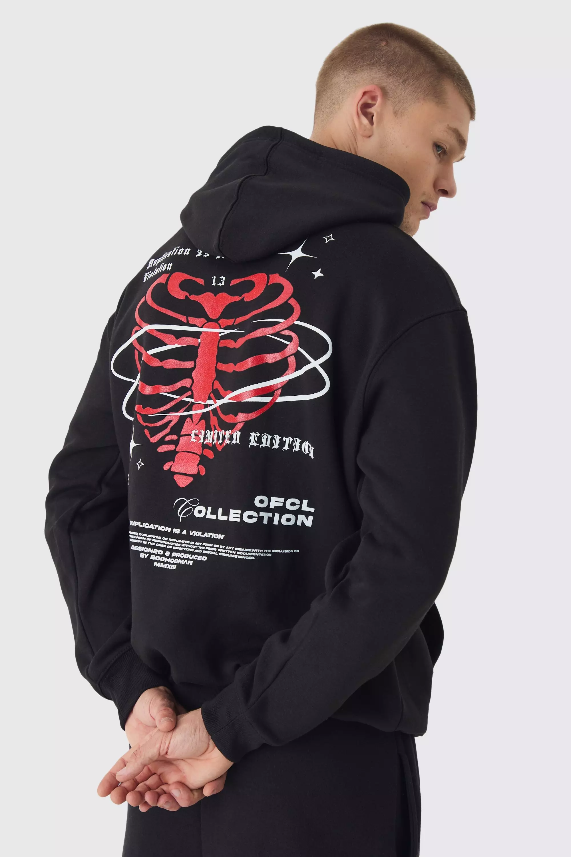 Oversized Skeleton Heart Back Print Hoodie Black