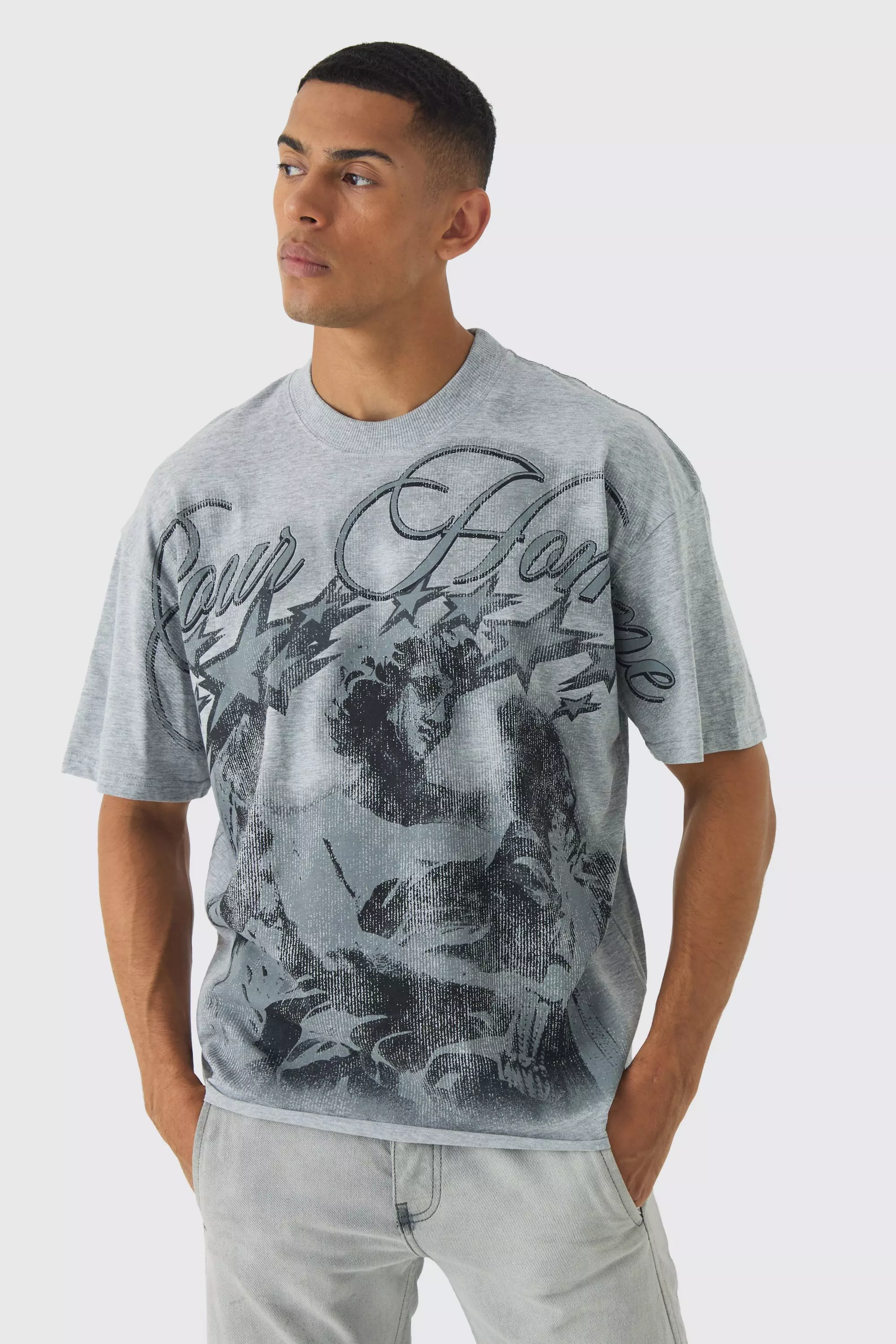 Grey Oversized Boxy Extended Neck Large Scale Renaissance Print T-Shirt