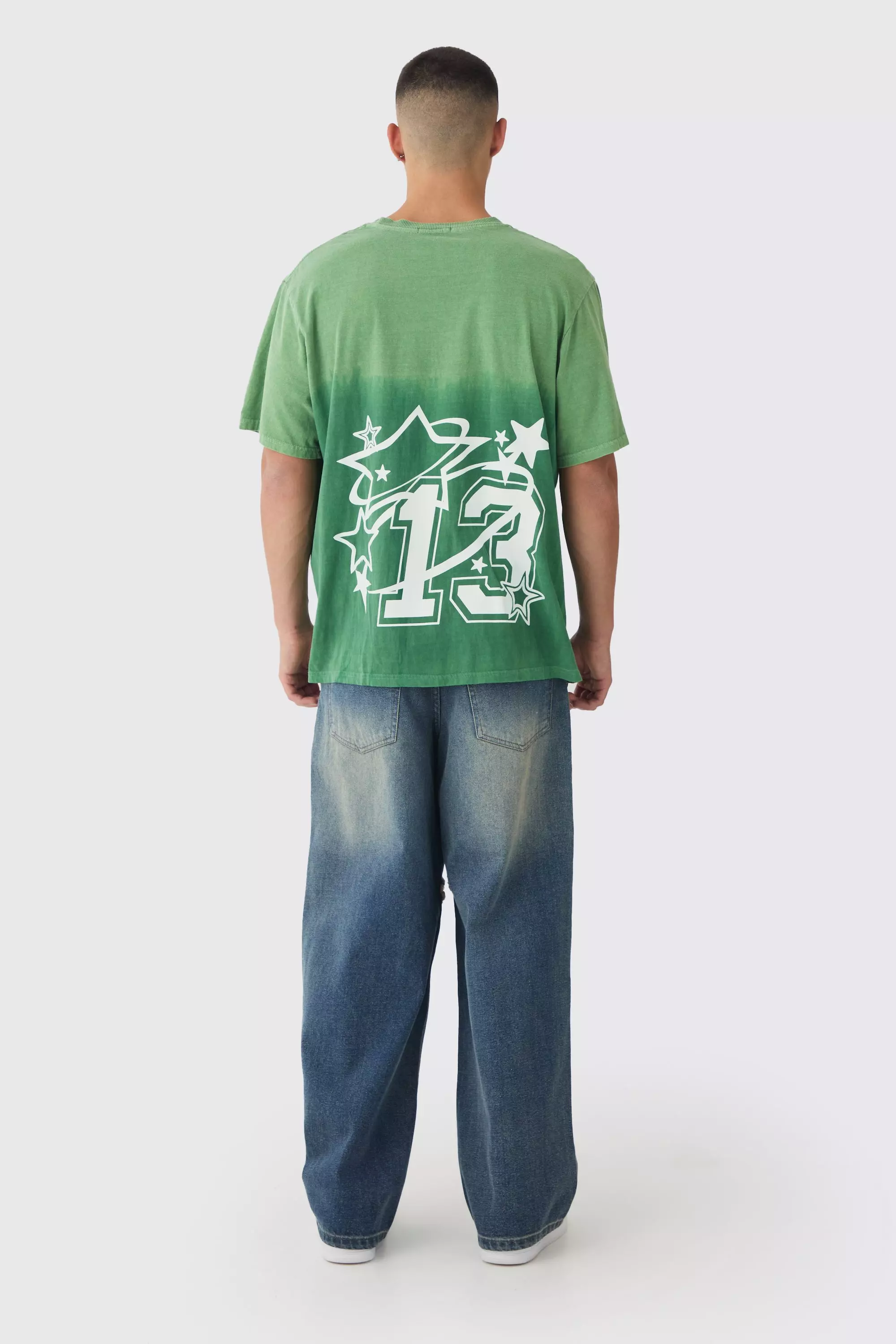 Green Regular Fit Washed 13 Star Printed T-Shirt alternative image