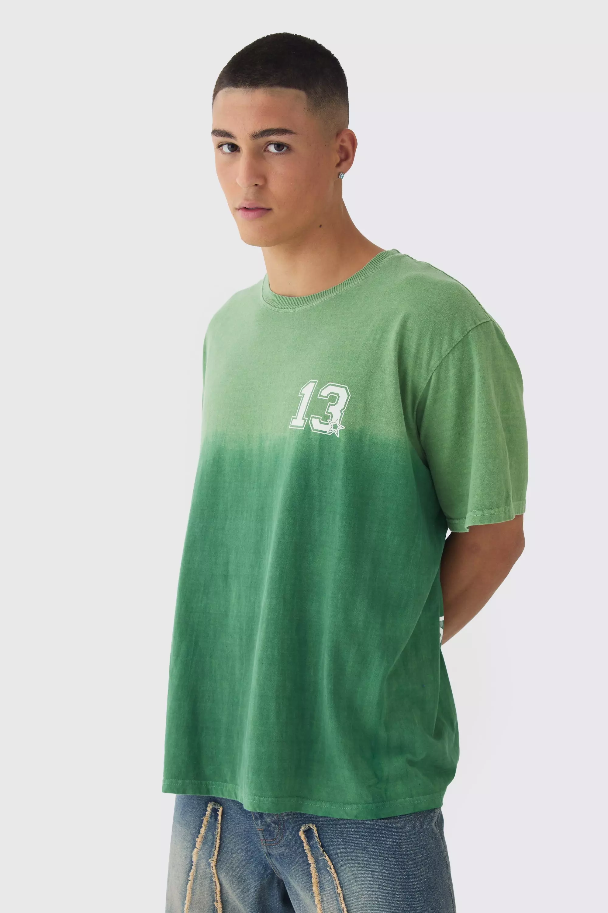 Green Regular Fit Washed 13 Star Printed T-Shirt alternative image