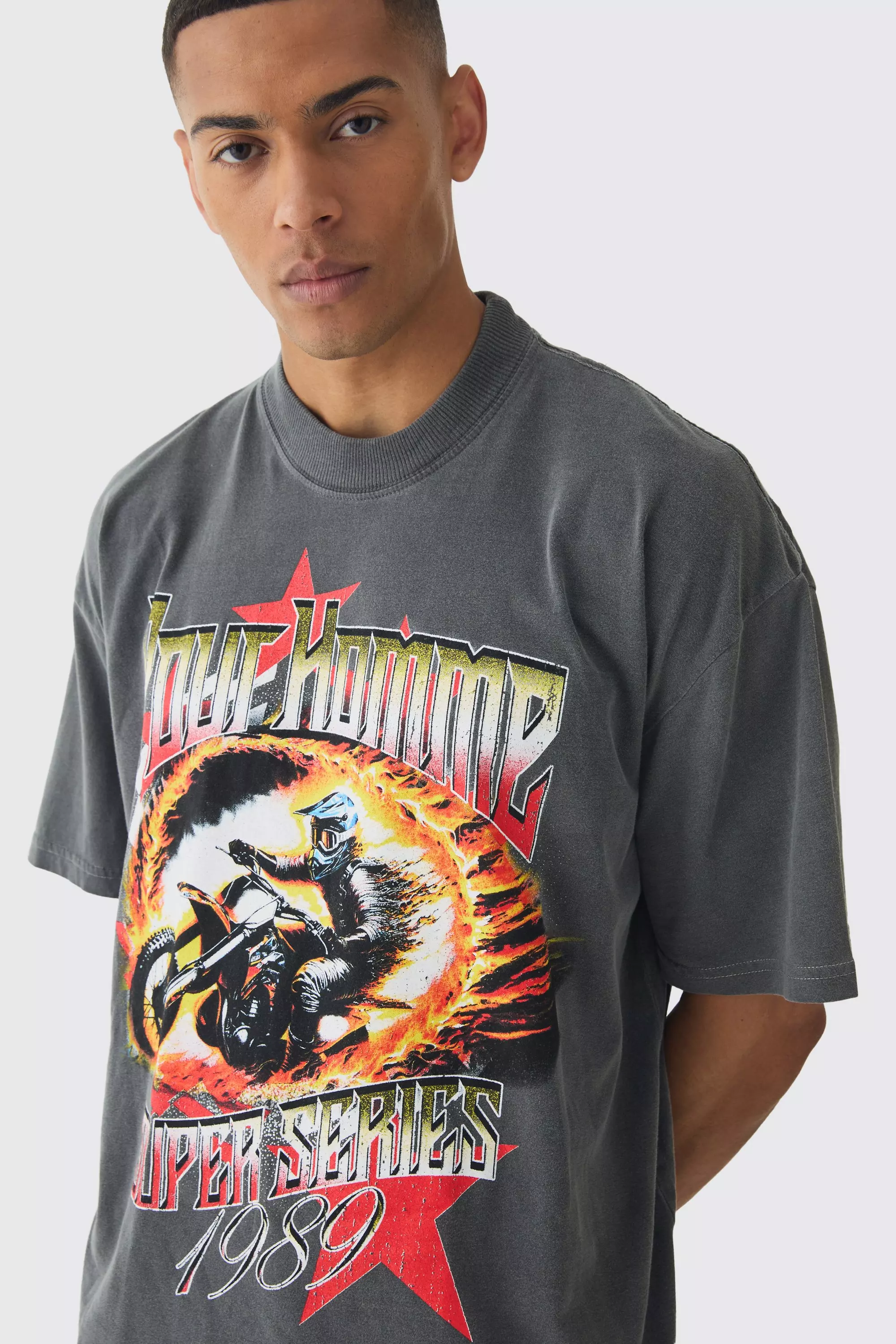 T-shirt oversize délavé à imprimé graffiti, Charcoal autre image