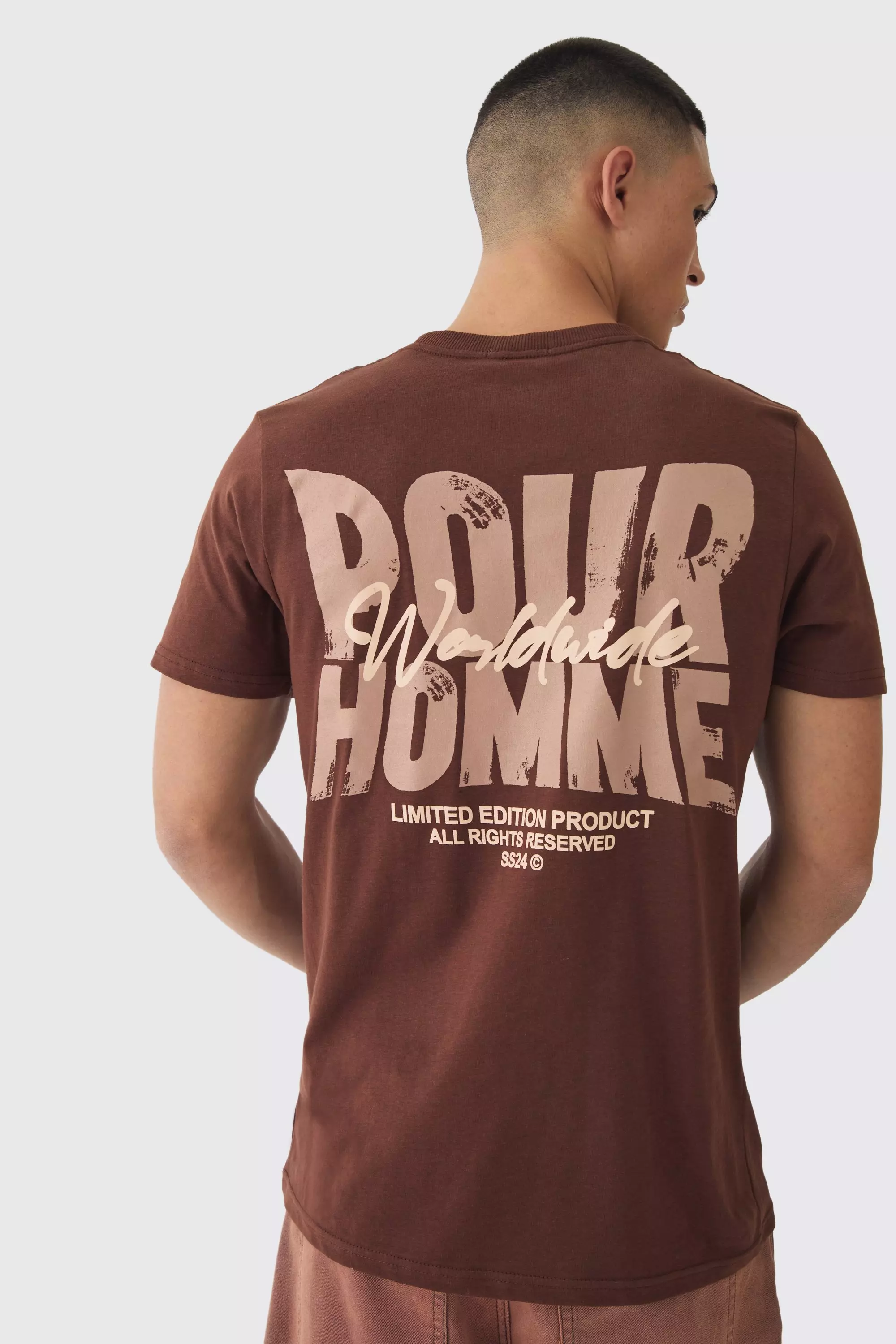 Slim Homme Worldwide Back Print T-Shirt Chocolate