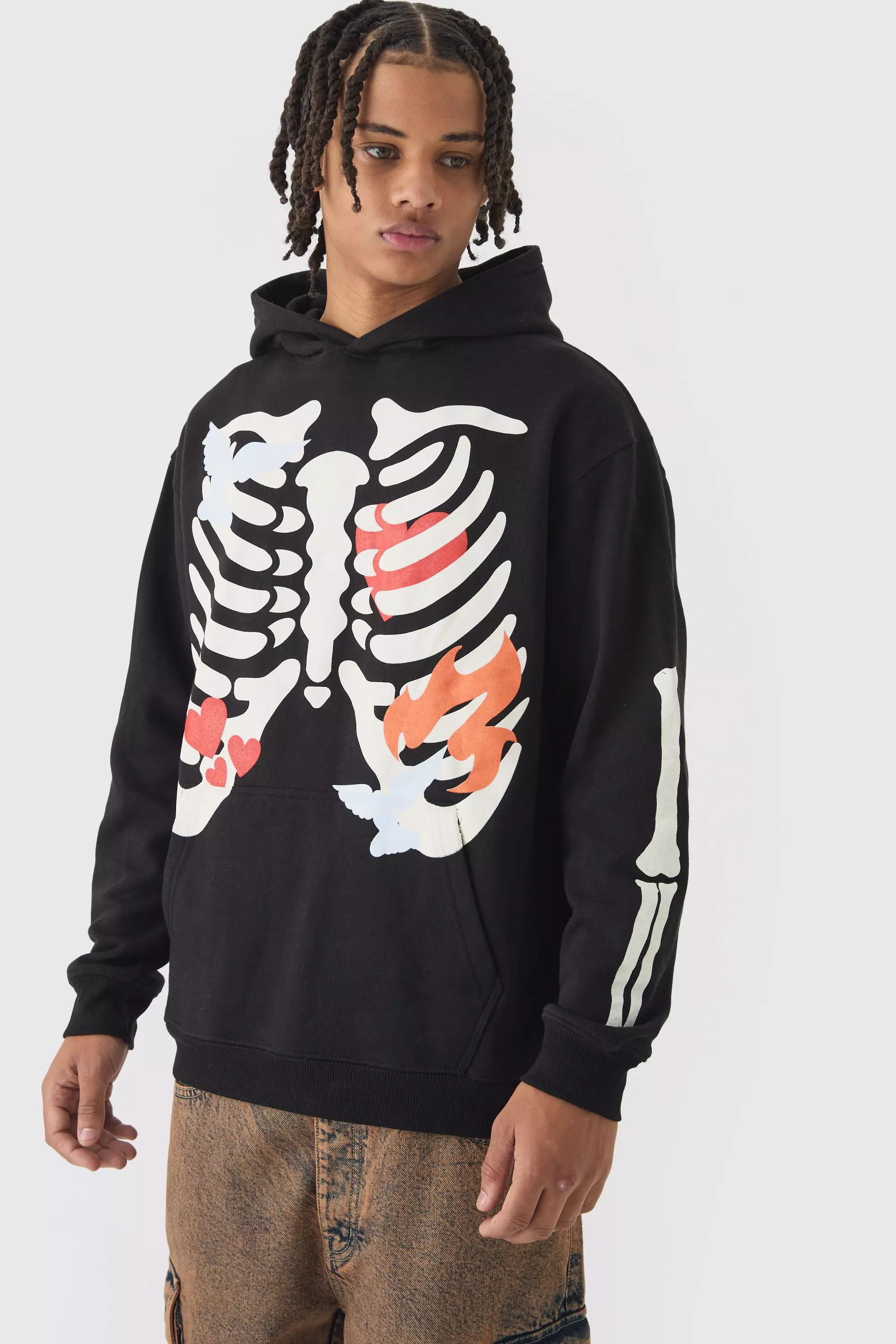 Oversized Washed Skeleton Print Hoodie Black