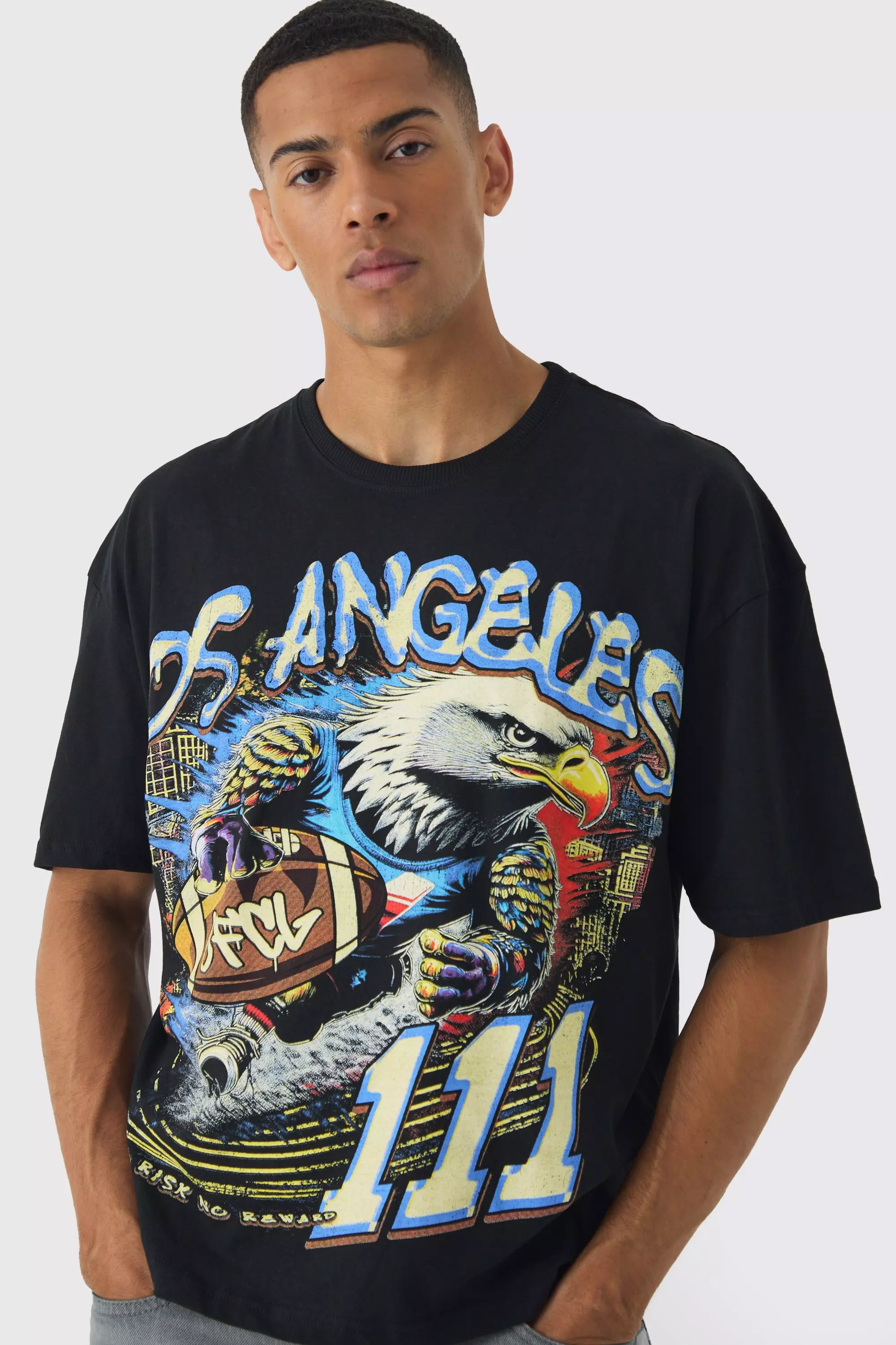 Oversized Boxy Large Scale Eagle Varsity Print T-Shirt Black