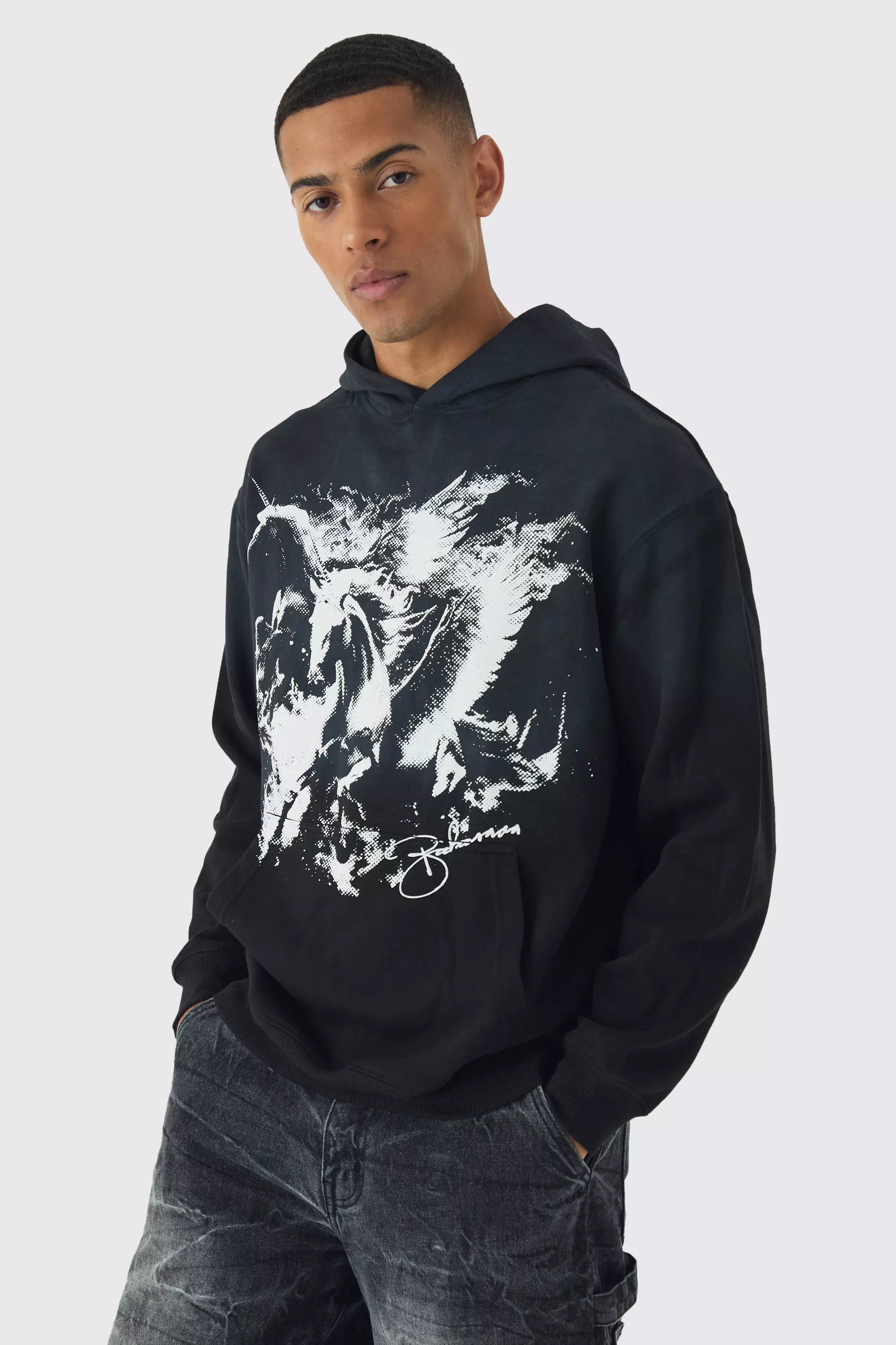 Black Oversized Flame Horse Printed Spray Wash Hoodie alternative image