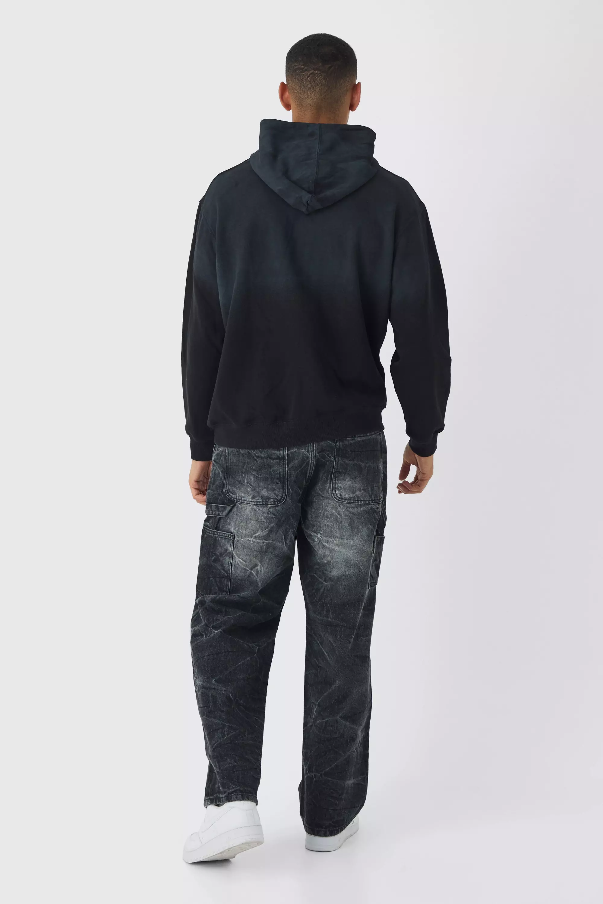 Black Oversized Flame Horse Printed Spray Wash Hoodie alternative image