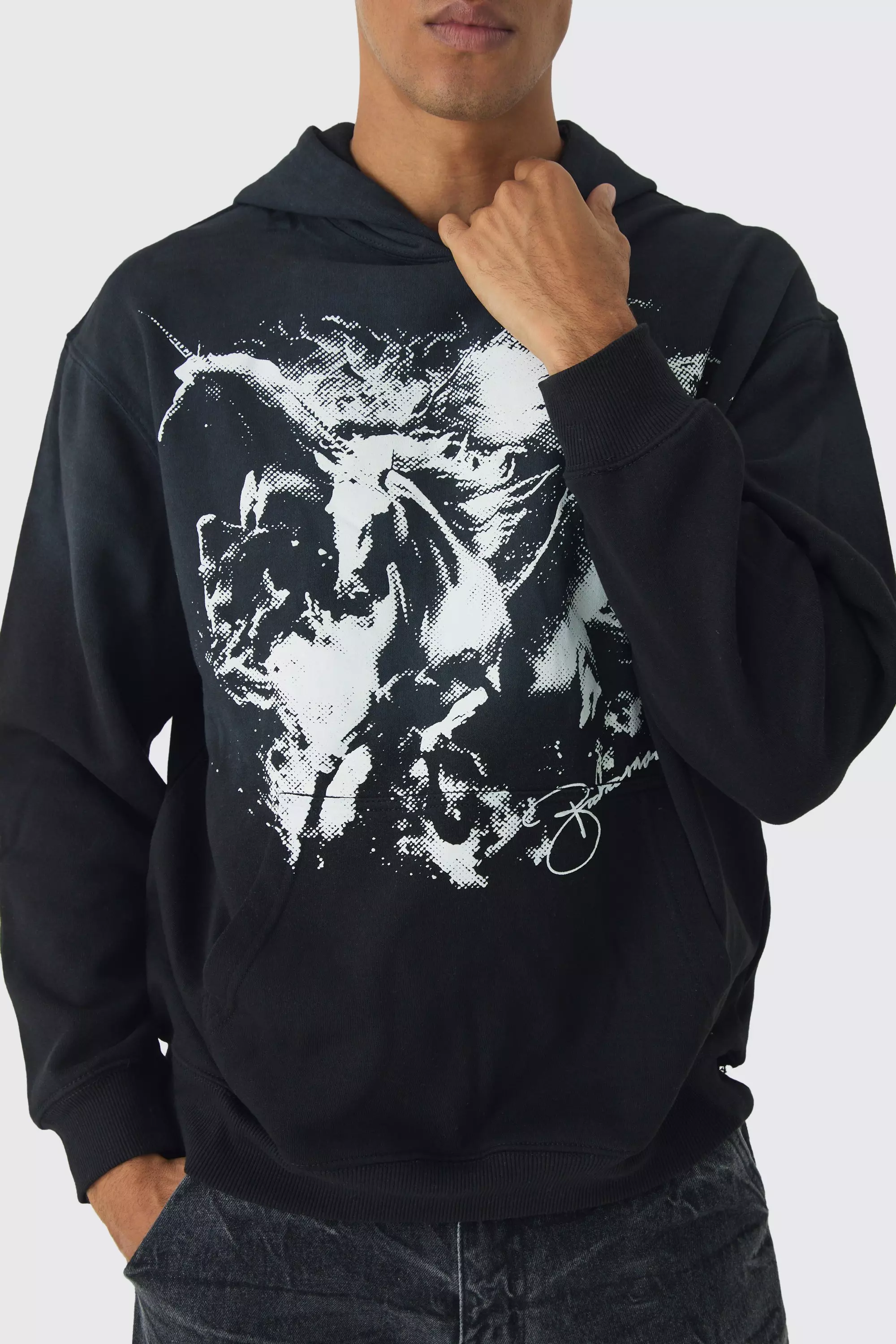 Black Oversized Flame Horse Printed Spray Wash Hoodie alternative image