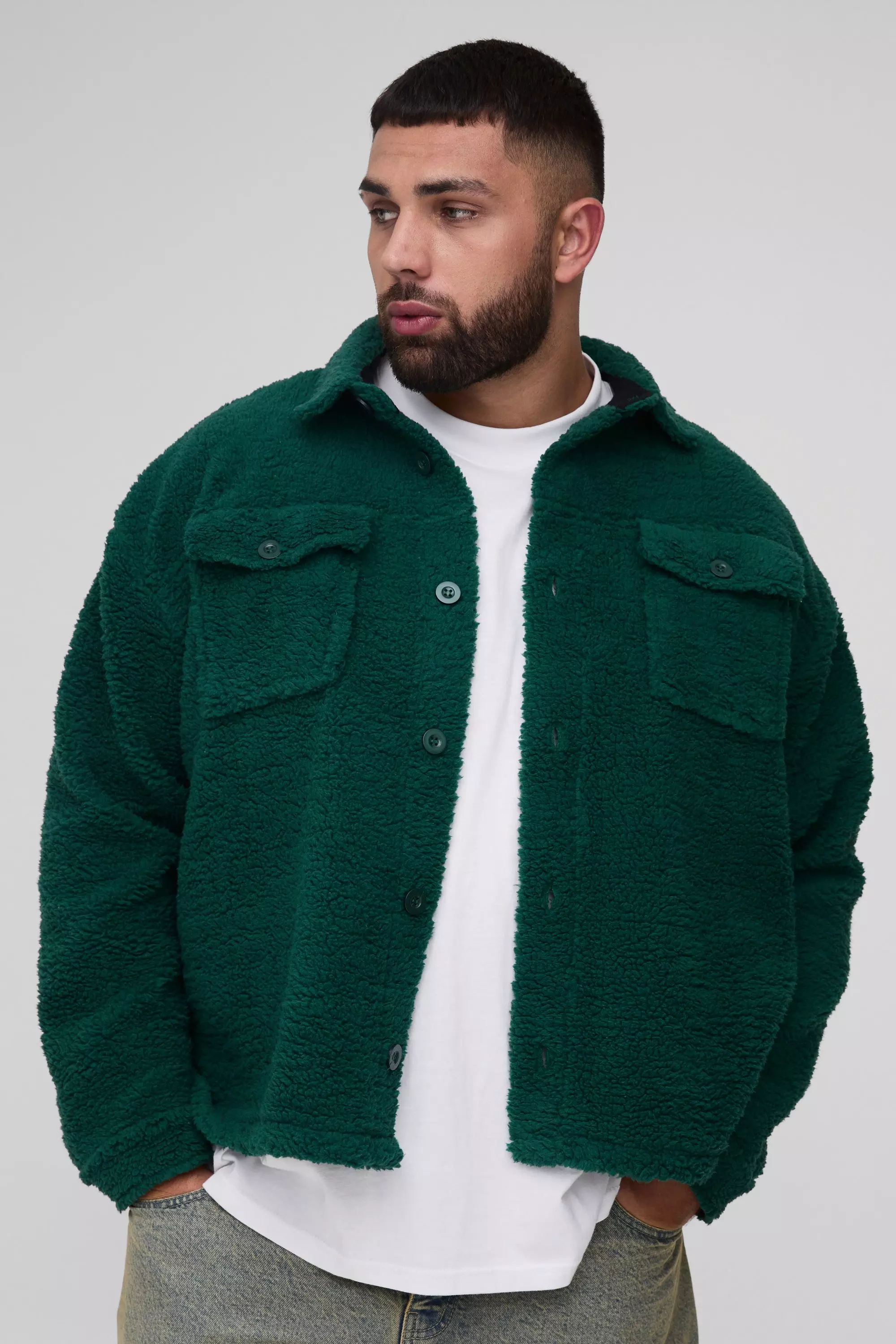 Green Plus BHM Embroidered Back Borg Shirt Jacket in Dark Green