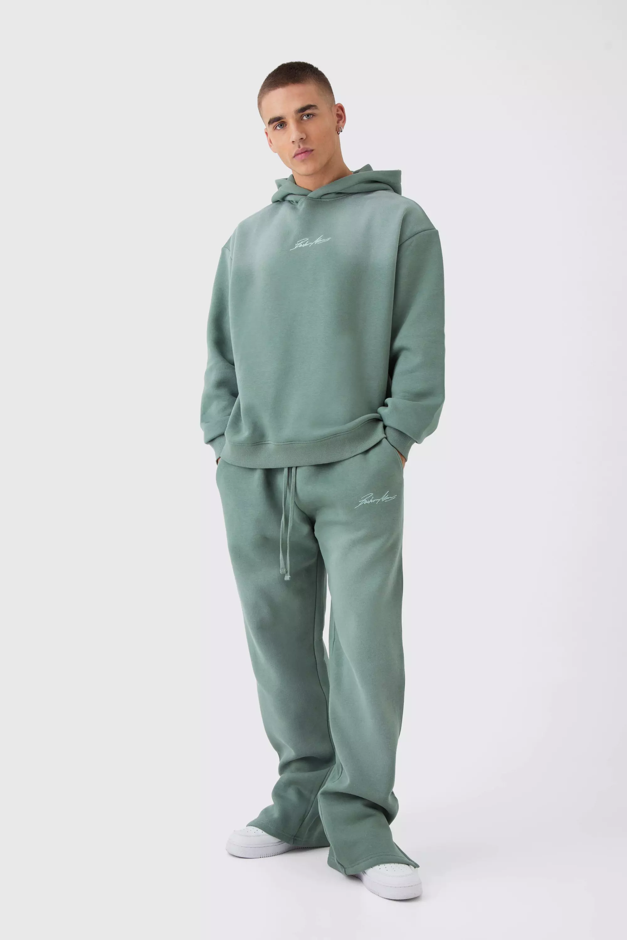 Oversized Man Spray Wash Hooded Tracksuit Forest