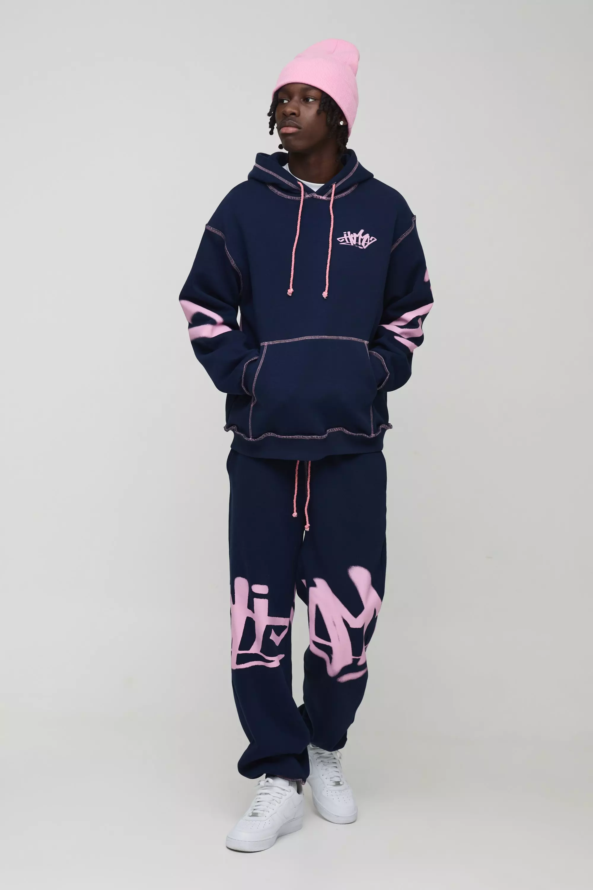 Navy Oversized Man Graffiti Rope Drawcord Hooded Tracksuit