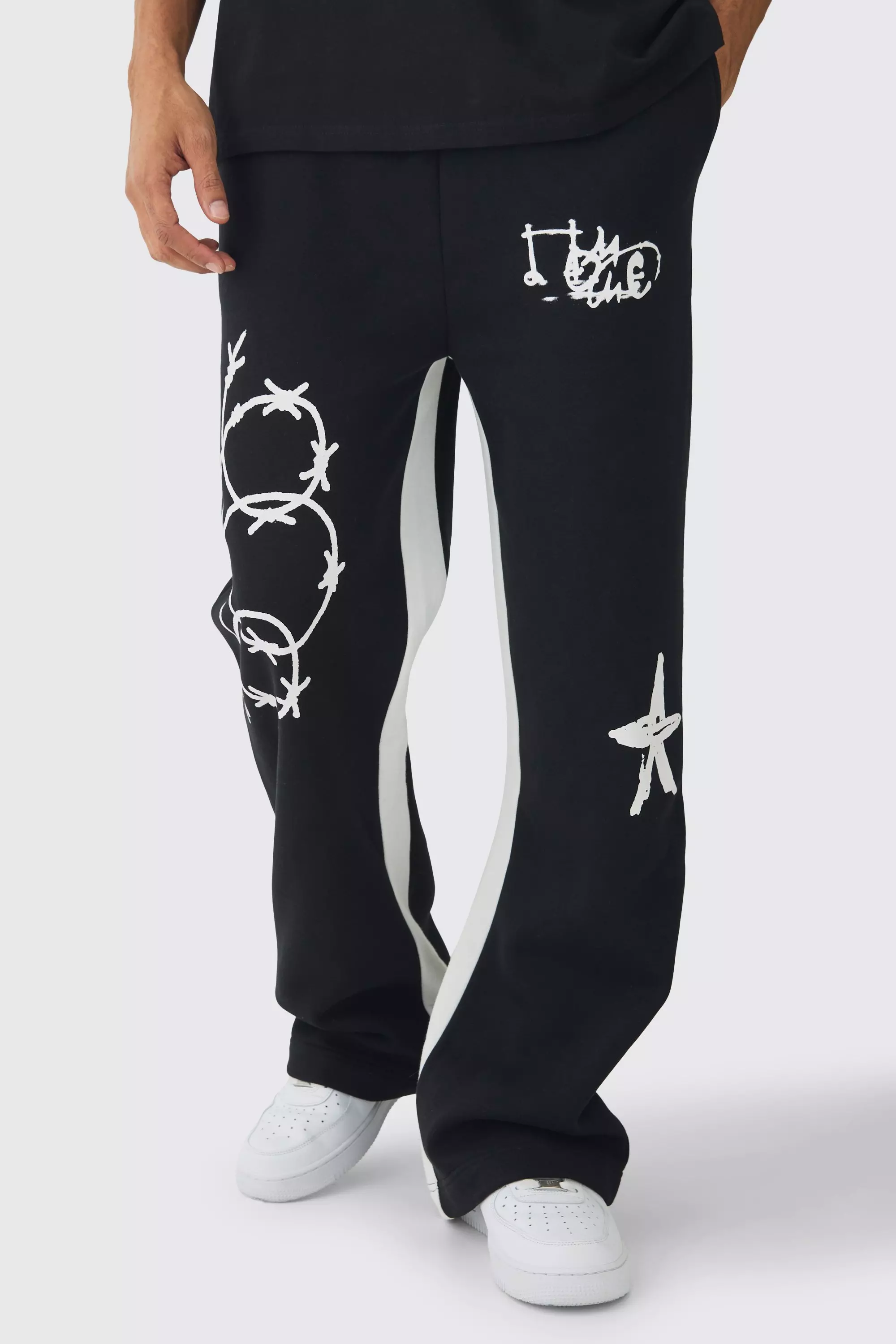 Relaxed Fit Flare Multi Placement Graffiti Gusset Sweatpants Black