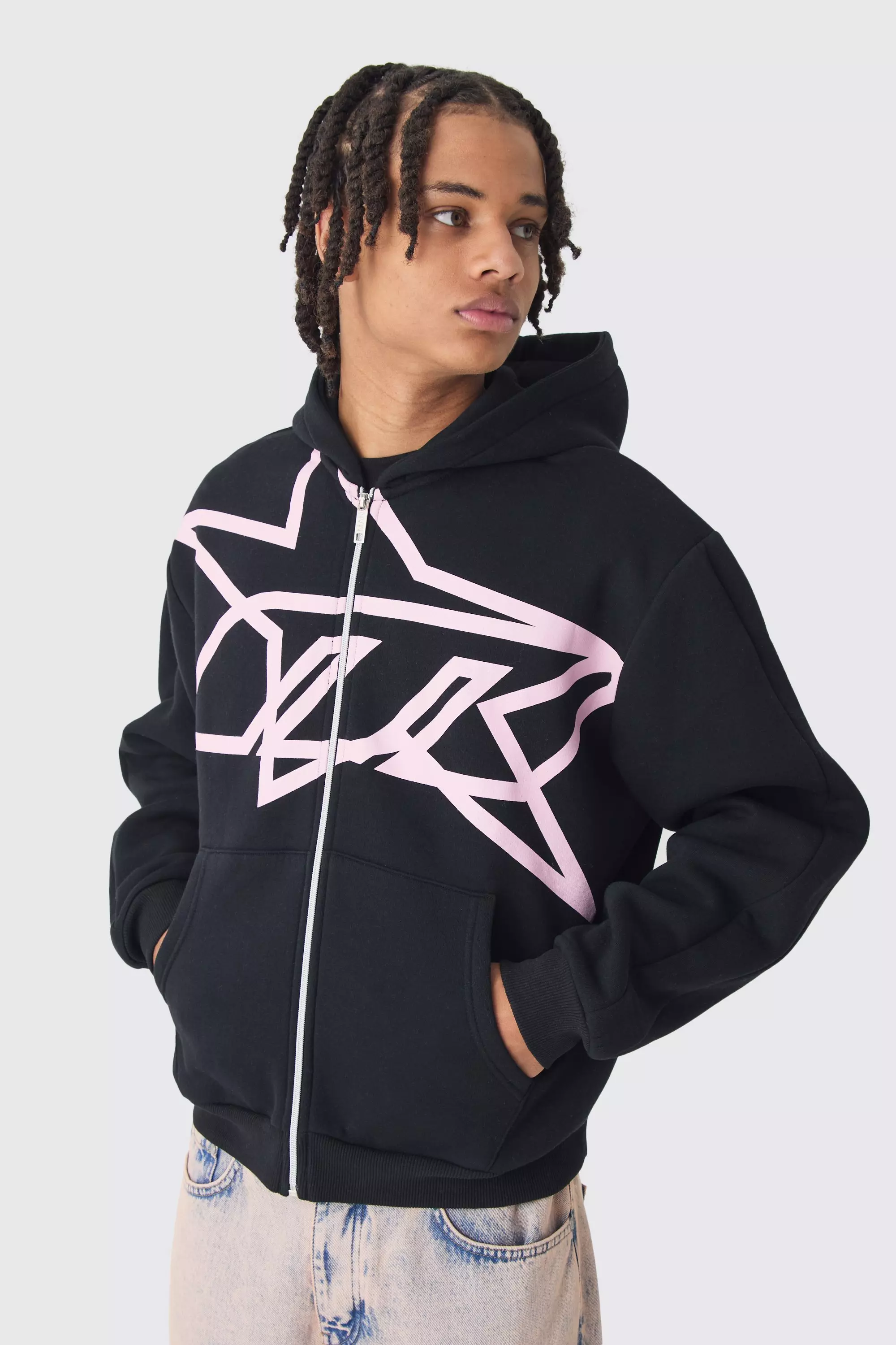 Black Oversized Boxy Star Printed Zip Through Hoodie