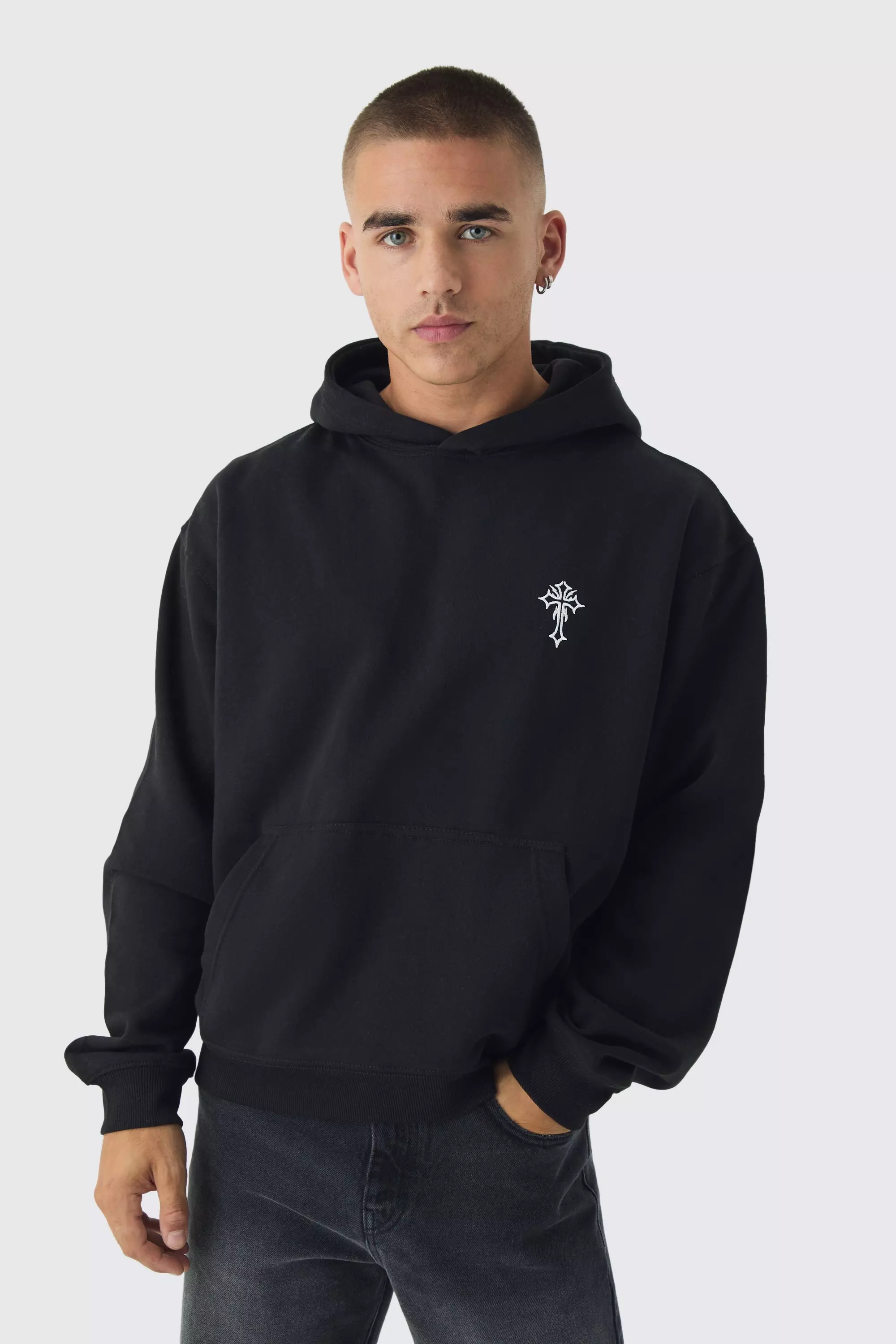 Black Oversized Boxy Gothic Cross Embroidery Hoodie alternative image