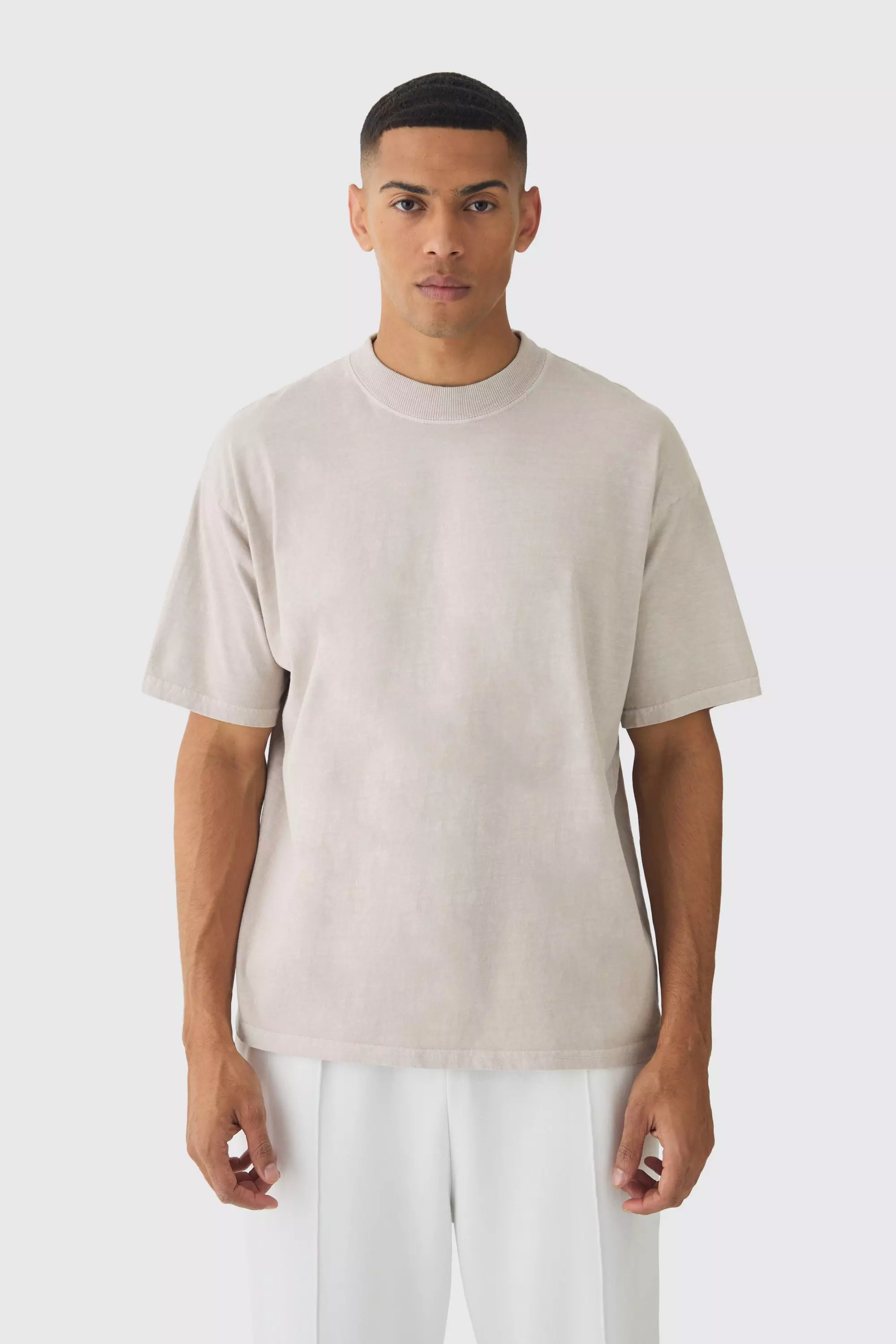 Stone Beige Oversized Extended Neck Washed T-shirt