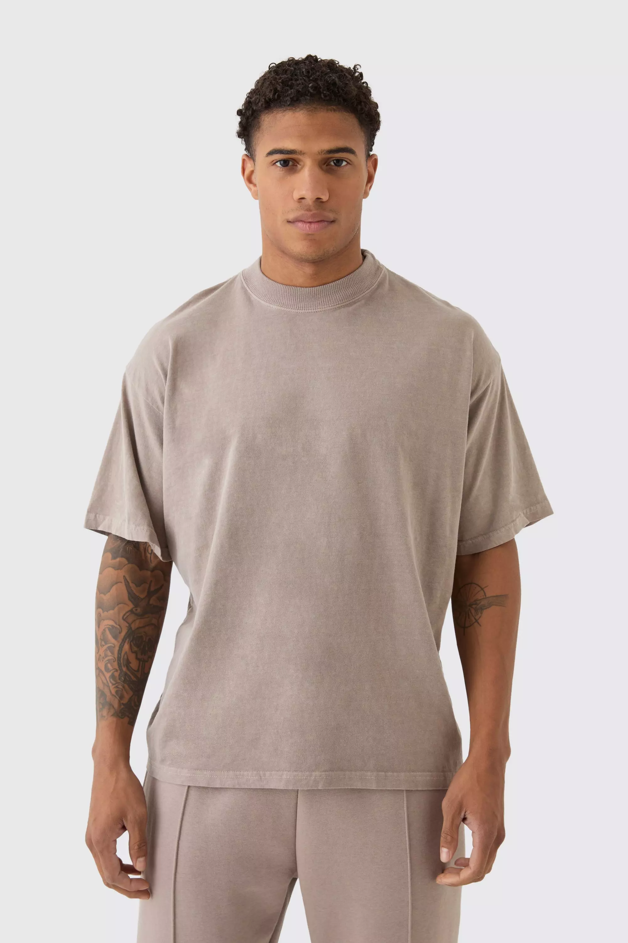 Taupe Beige Oversized Extended Neck Washed T-shirt