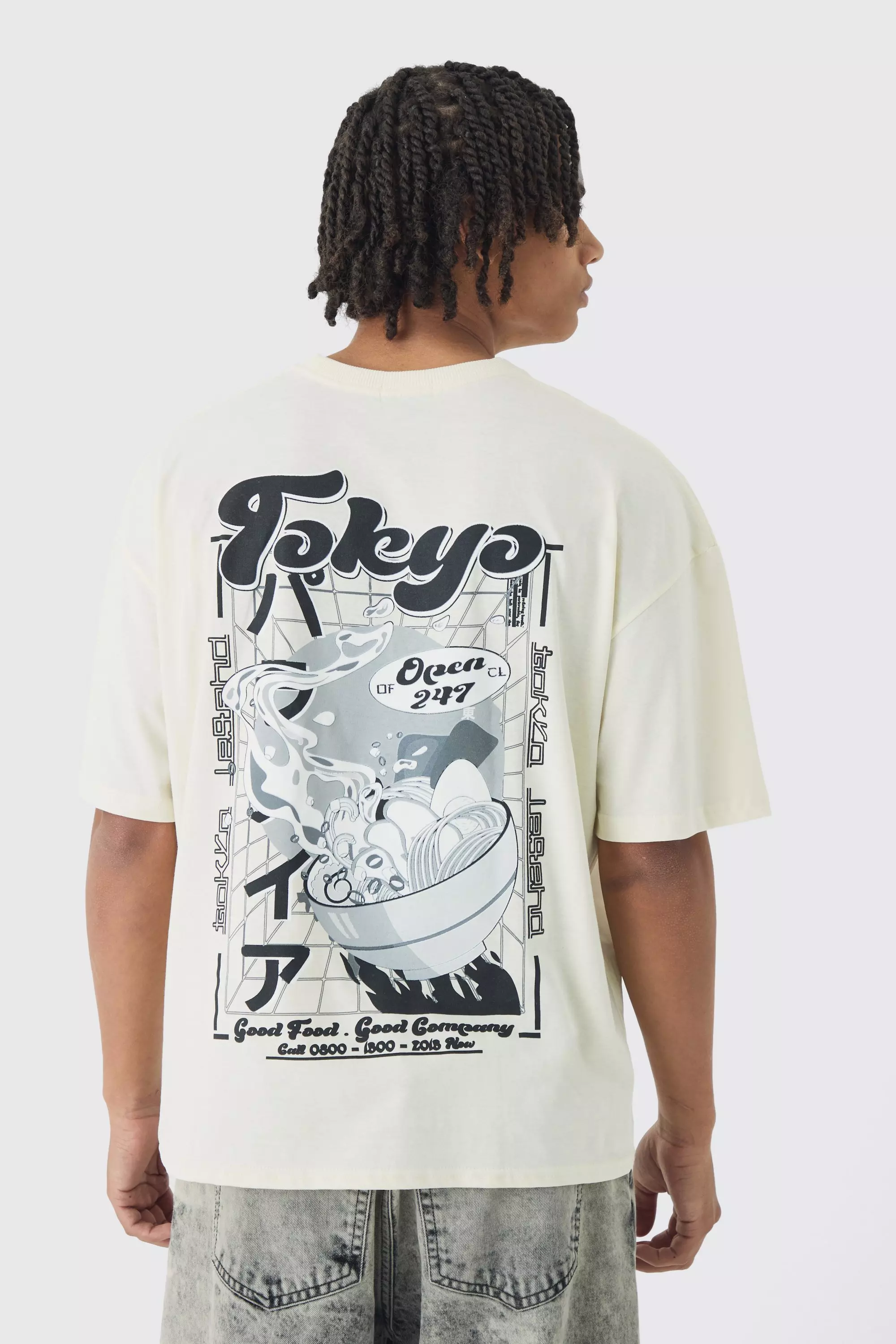 Oversized Boxy Tokyo Back Graphic T-Shirt Ecru