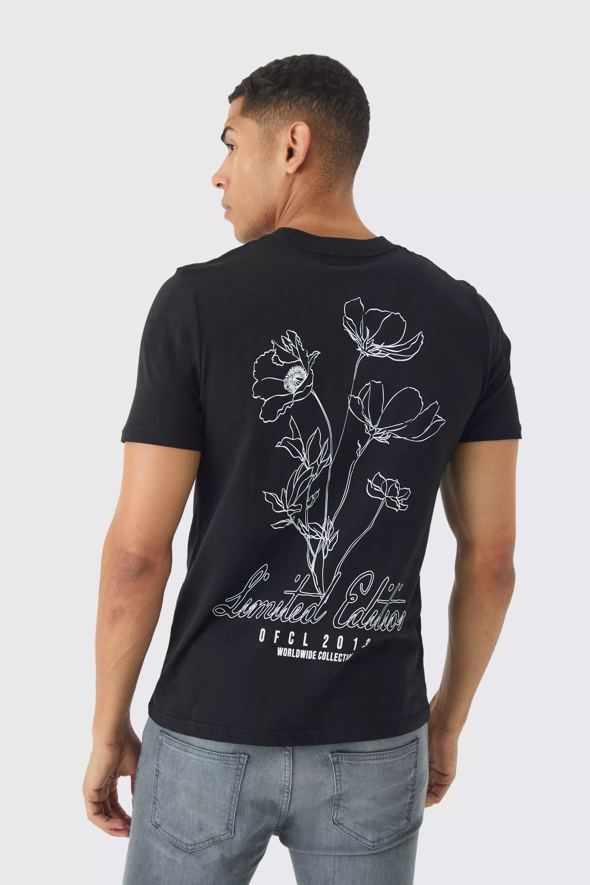 Black Slim Stencil Floral Back Printed T-Shirt