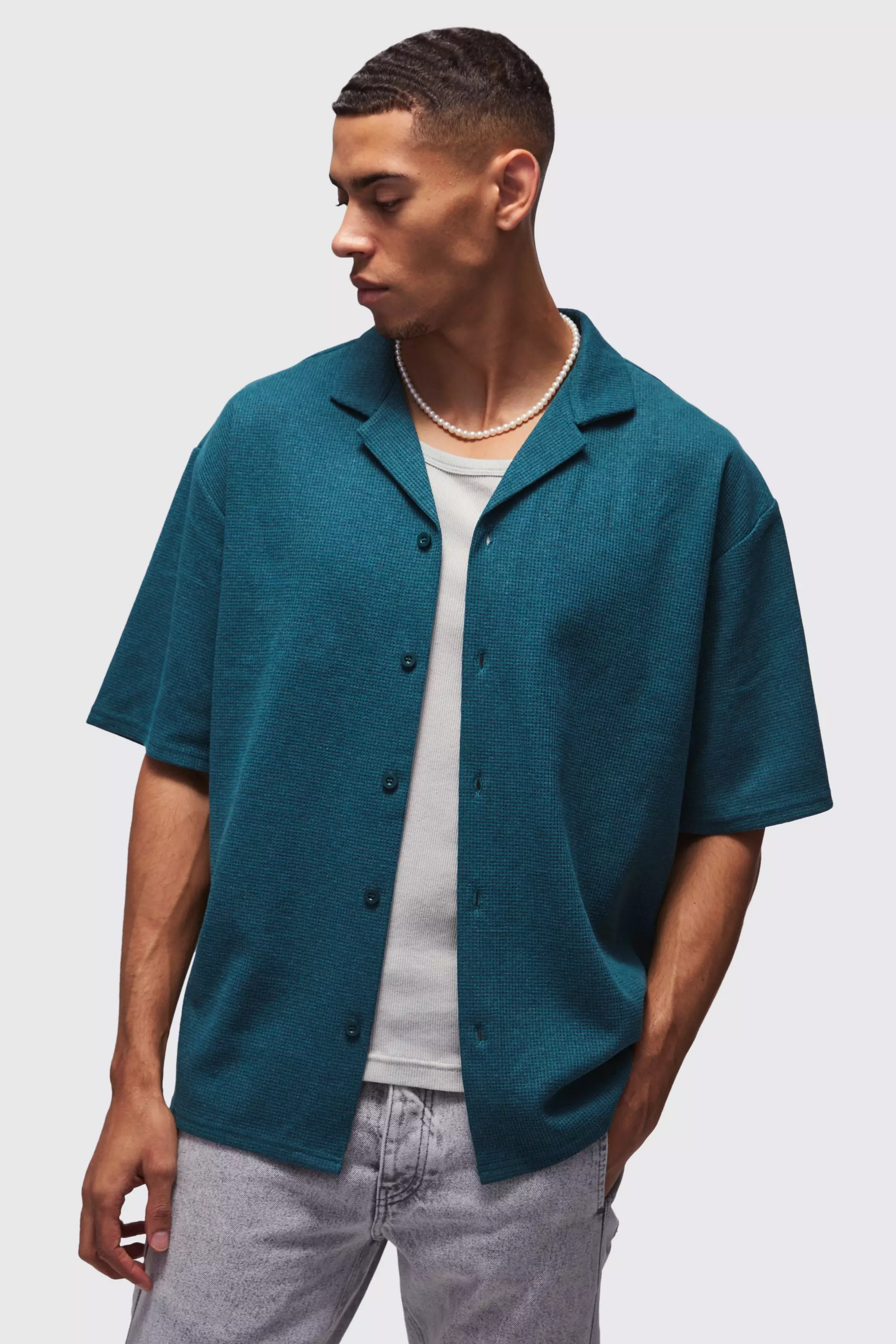 Kastiges Oversize Hemd in Waffeloptik, Dark green alternatives Bild