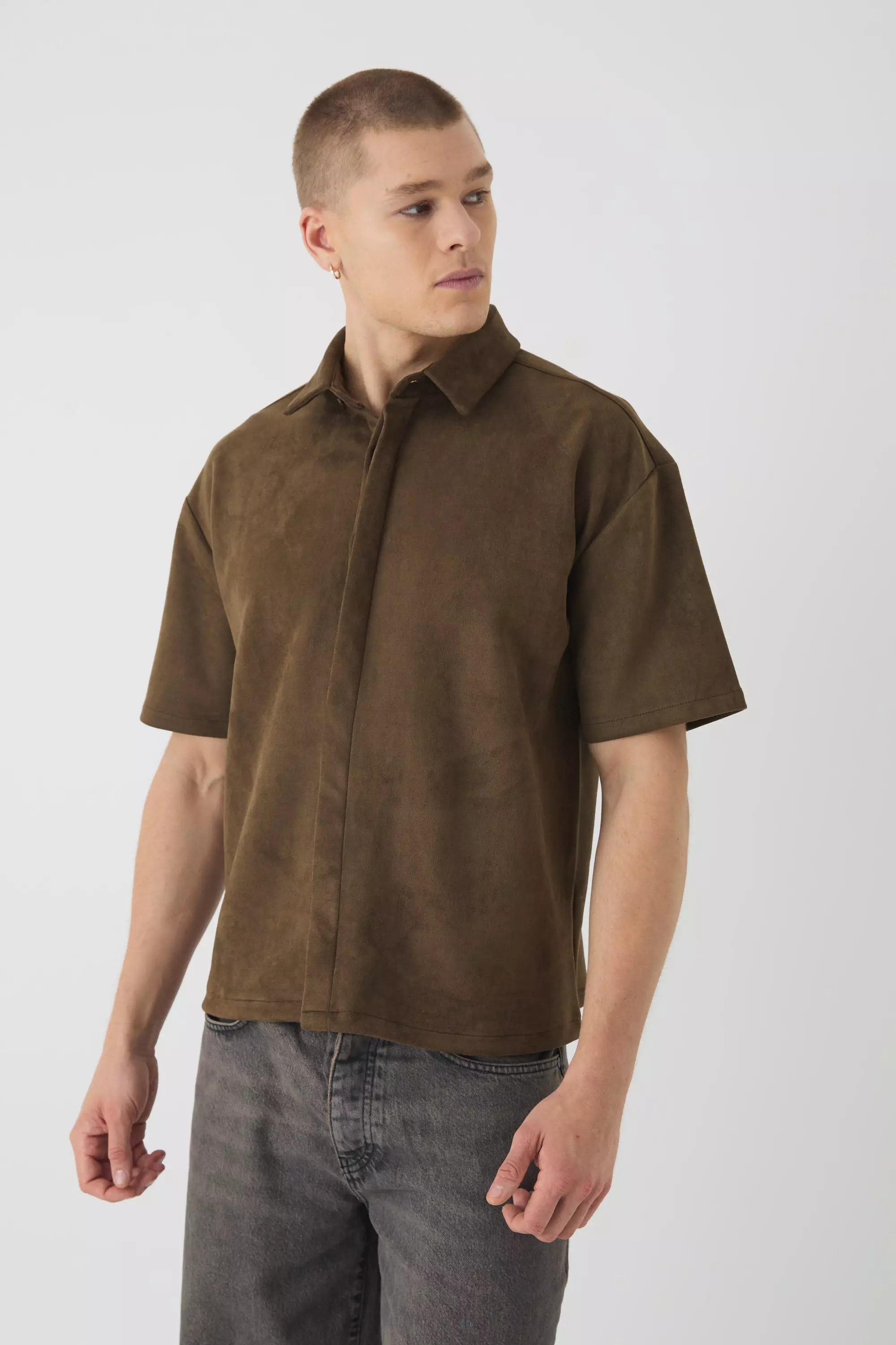 Khaki Oversized Faux Suede Collared Shirt alternative image