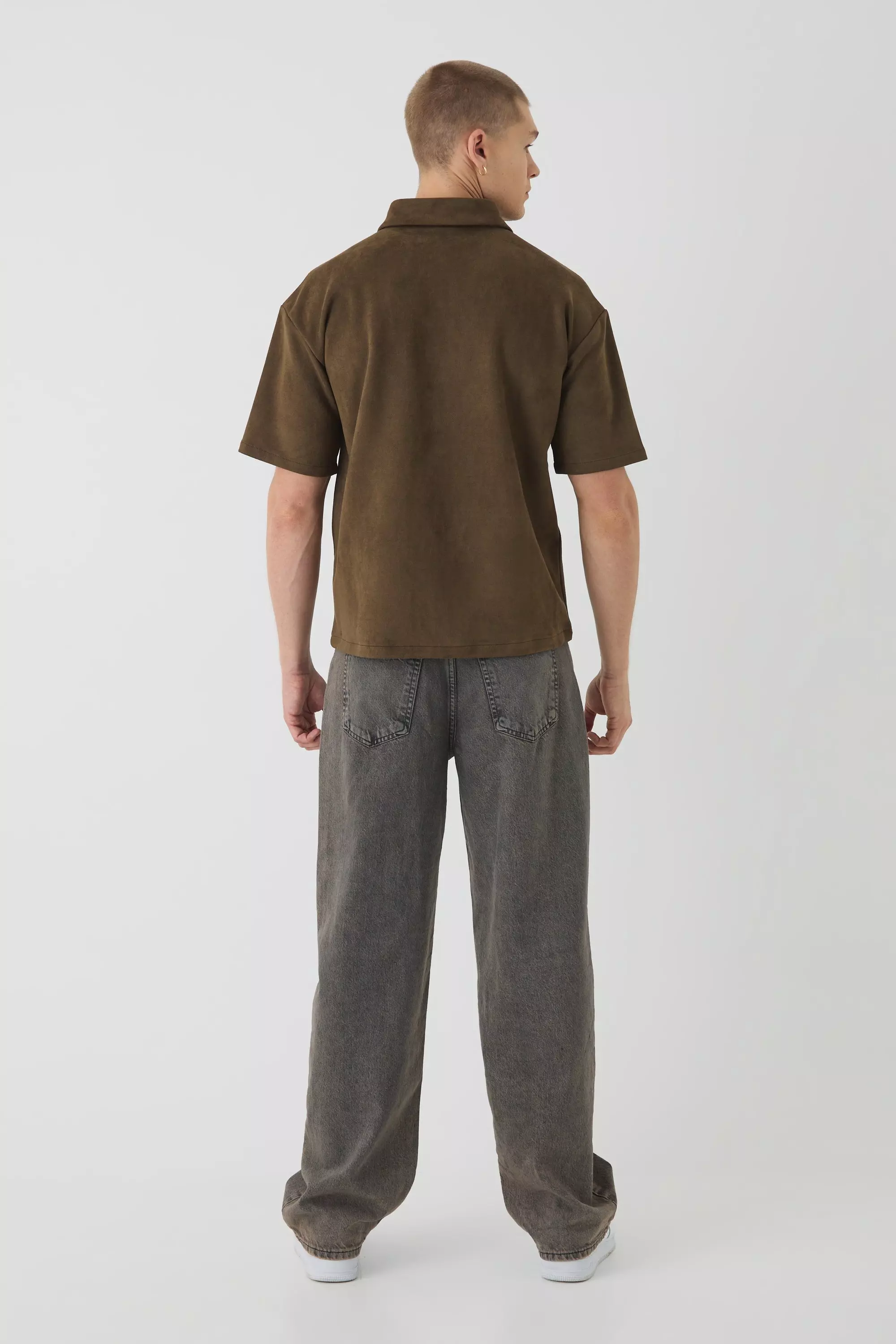 Khaki Oversized Faux Suede Collared Shirt alternative image