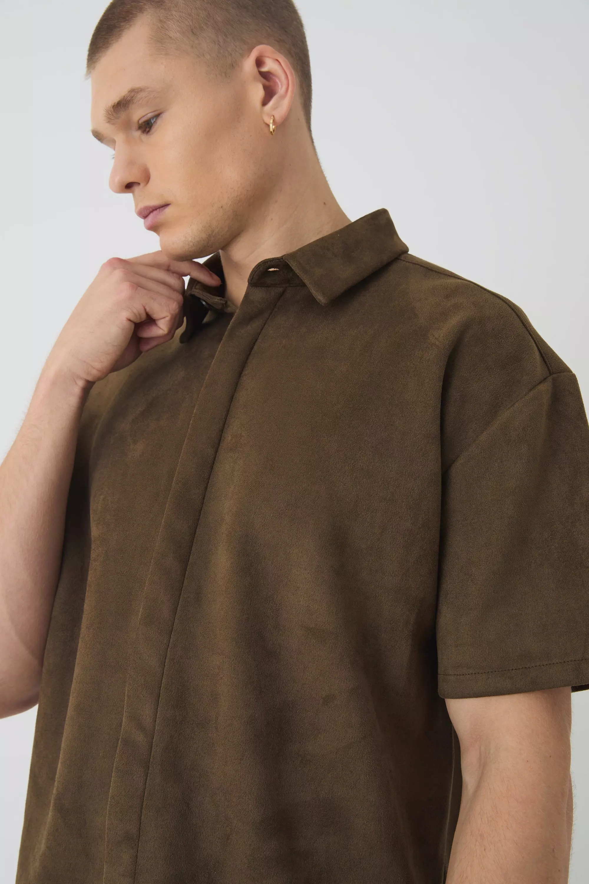 Khaki Oversized Faux Suede Collared Shirt alternative image