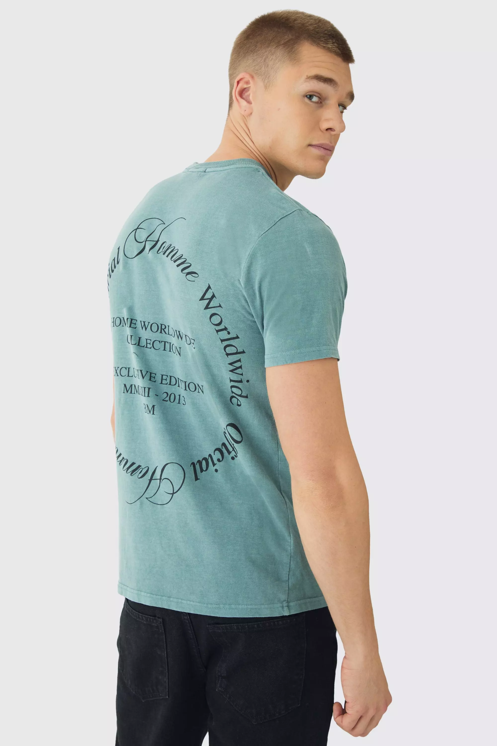 Slim Washed Worldwide Print T-Shirt Slate