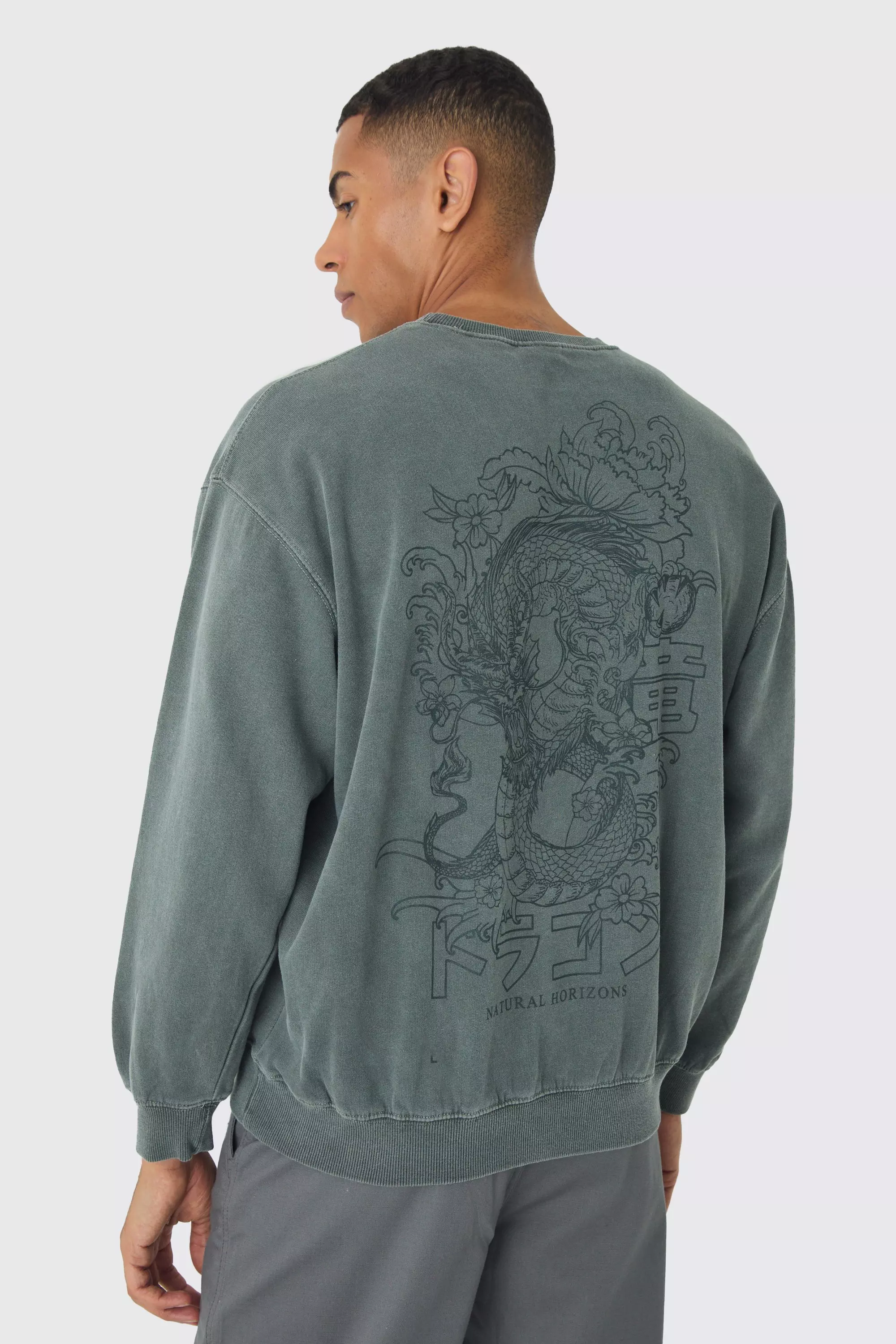 Oversized Dragon Back Print Washed Sweatshirt Khaki