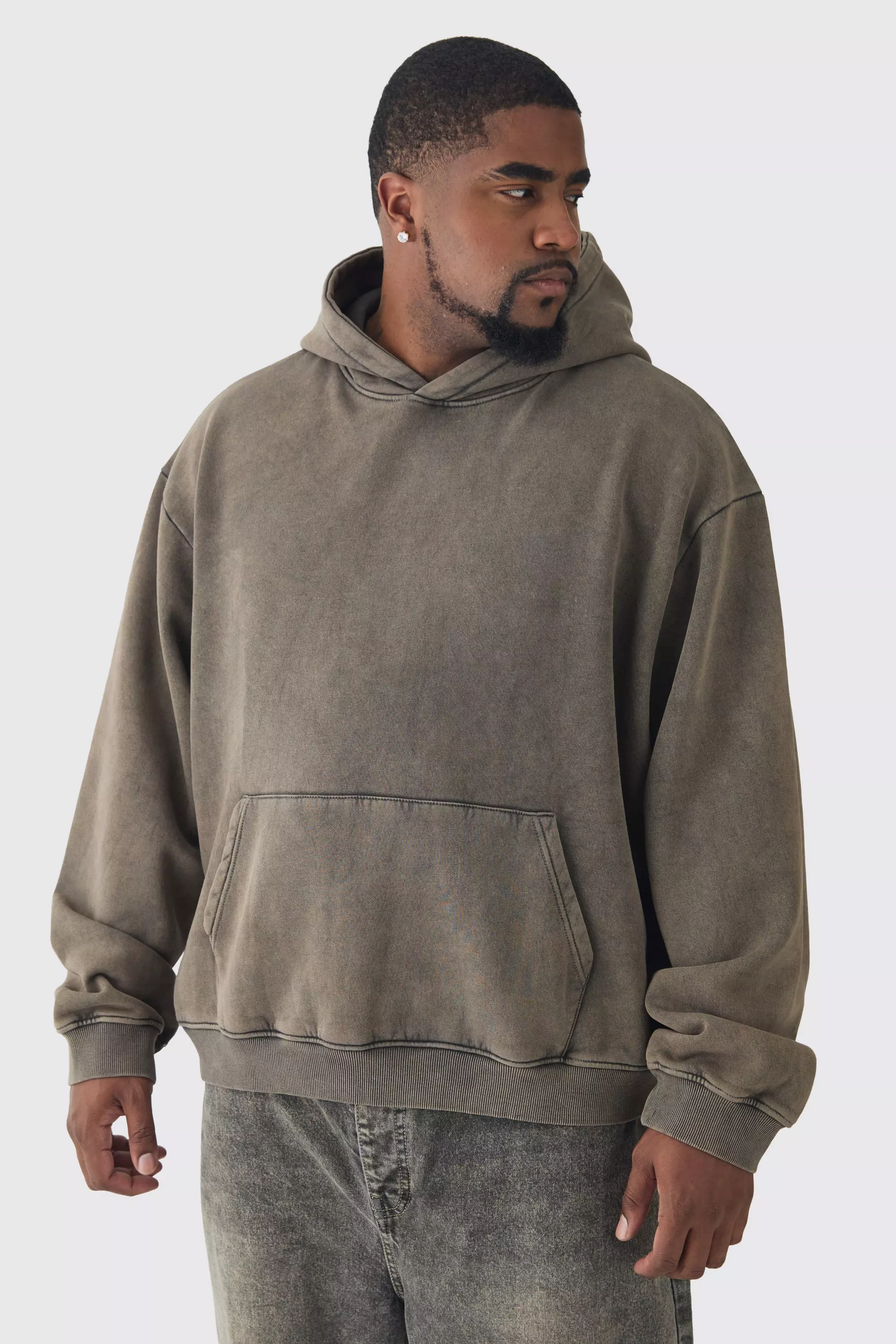 Grey Plus Oversized Boxy Acid Wash Hoodie