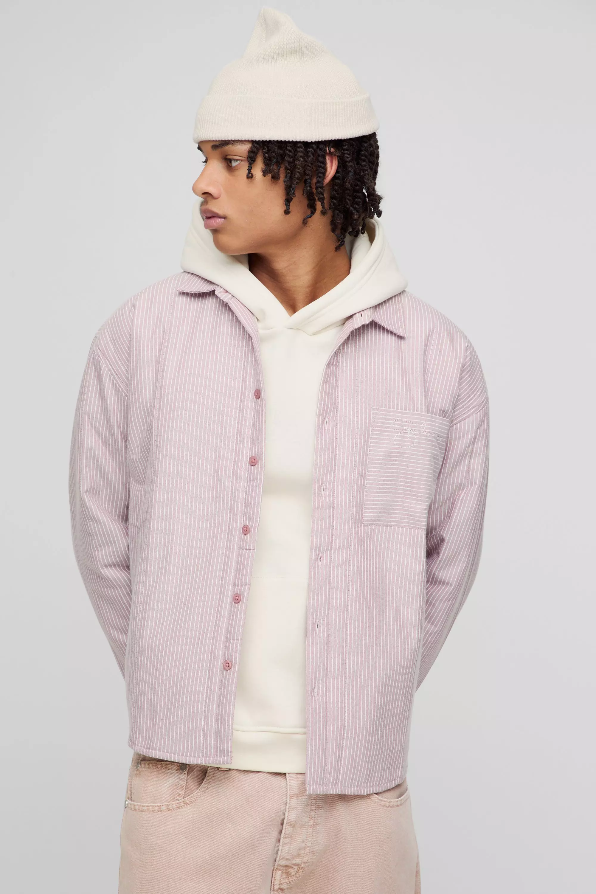 Oversized Padded Stripe Overshirt Burgundy