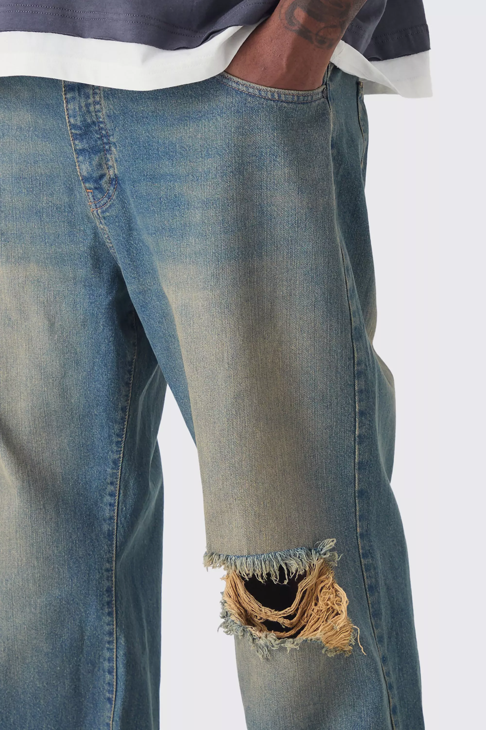 Plus Relaxed Flare Rigid Knee Rip Tinted Denim Jeans