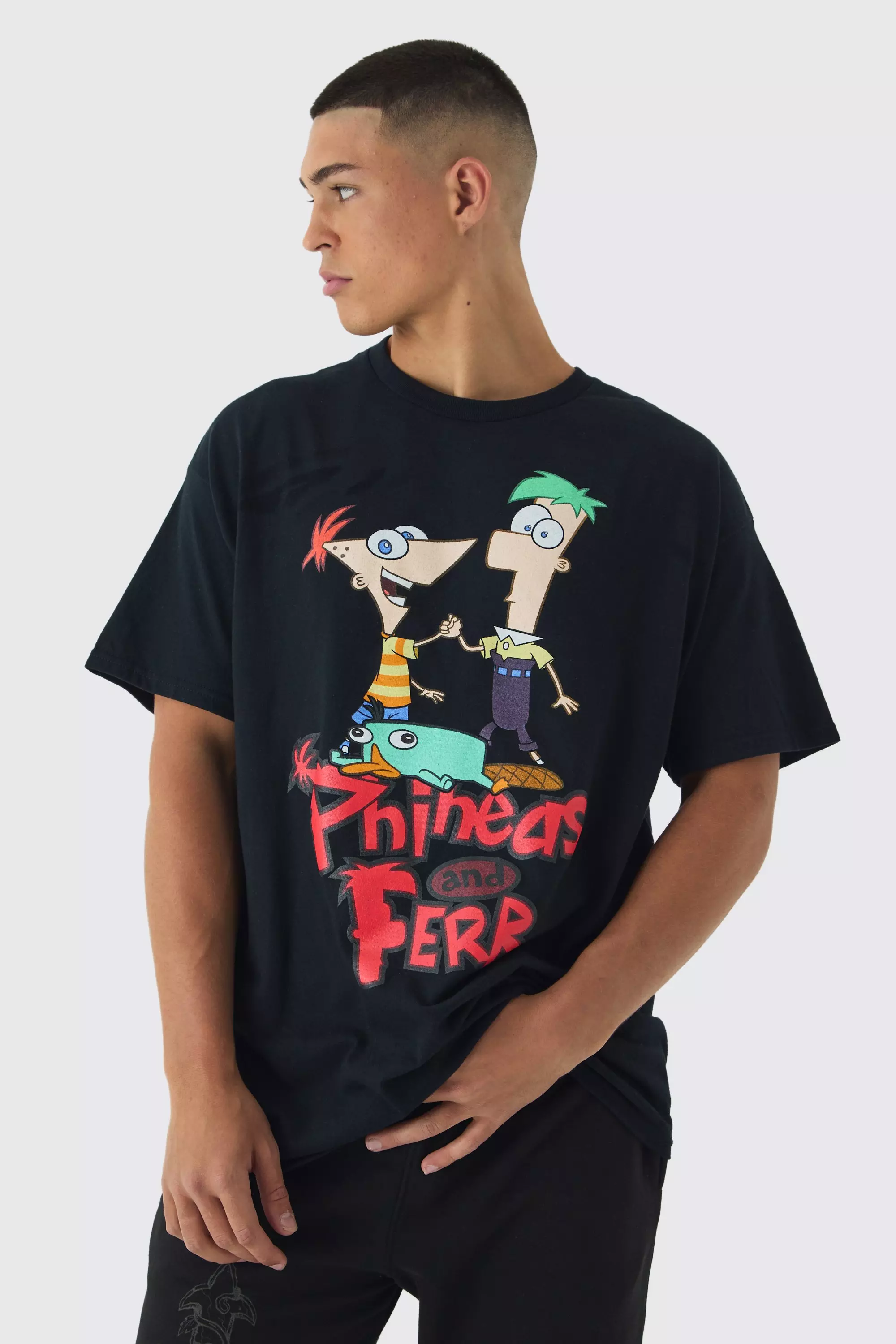 Oversized Disney Phineas and Ferb Wash License Print T-Shirt Black